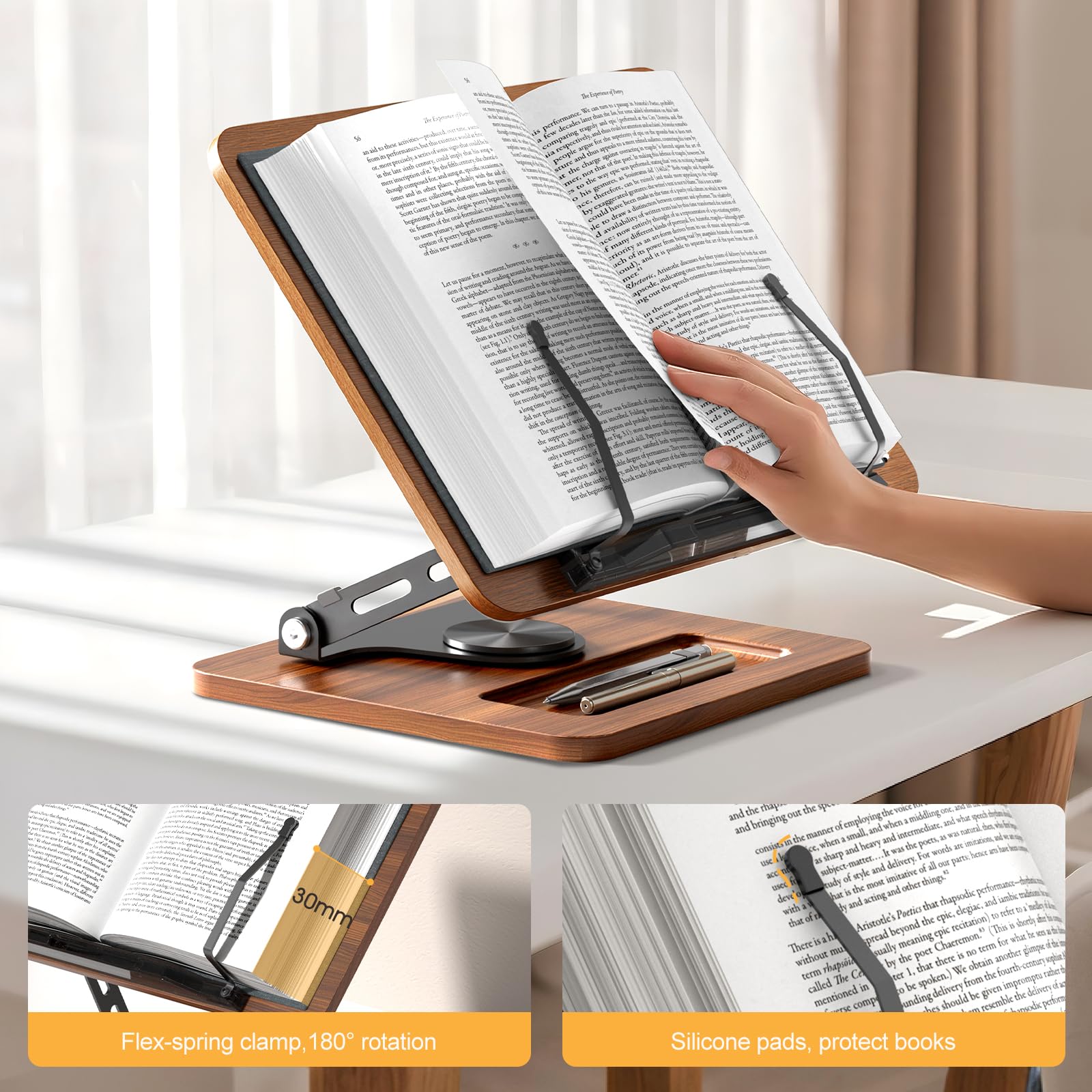 Book Stand for Reading 360 Rotating Hands Free Book Holder Adjustable Height and Angle Page Clip for Cookbook — view 8