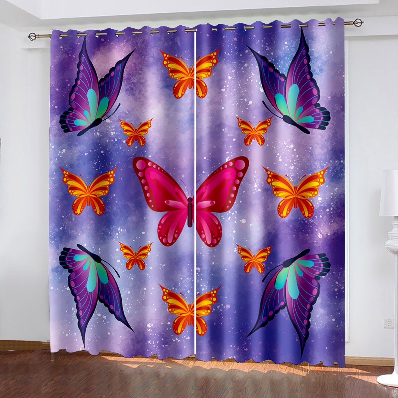 ARMOQ Blackout Curtains Bedroom Purple Starry Sky Butterfly 220X215Cm Eyelet Thermal Curtain For Living Room Soft Texture Window Treatments For Kids 3D Curtains-Indoor Opaque Perforated Curtains-Insul