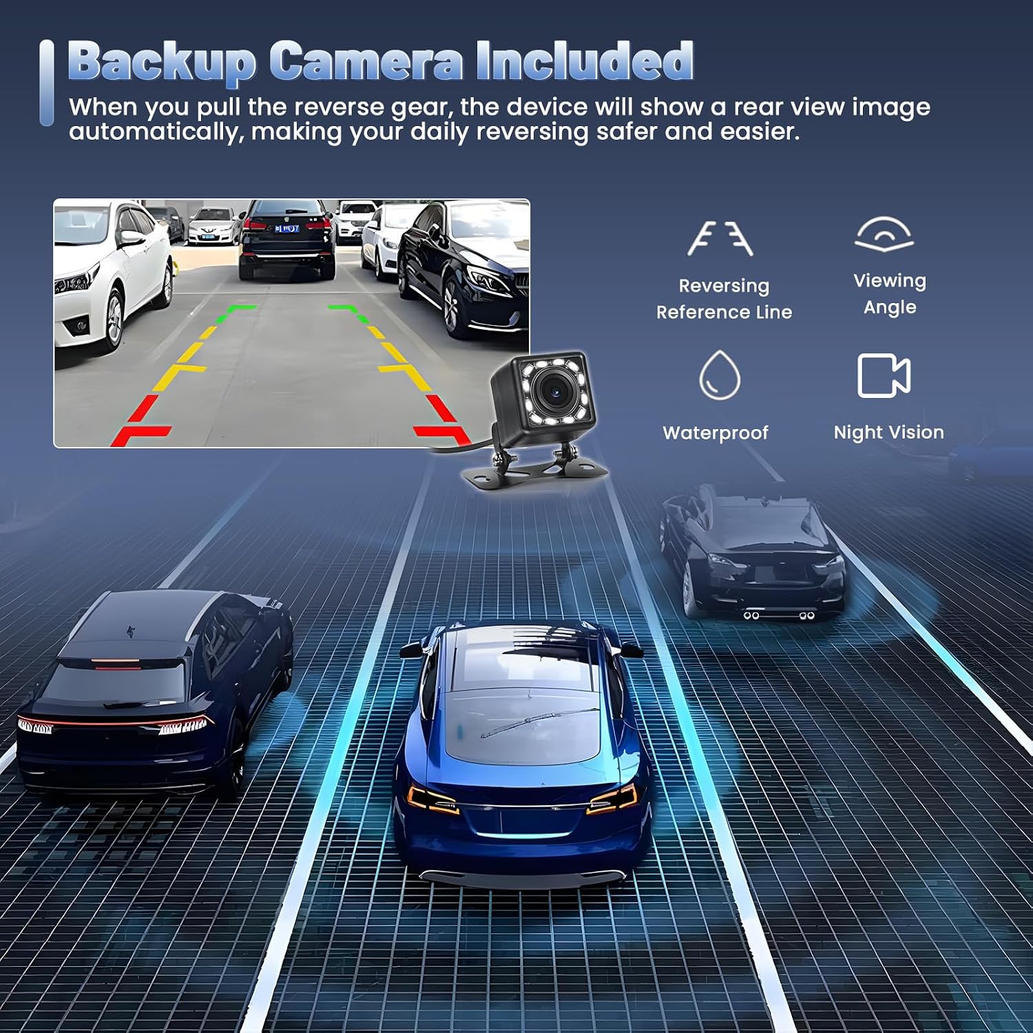 Inefala 7012B Car Stereo showing backup camera view with parking guidelines and camera features.