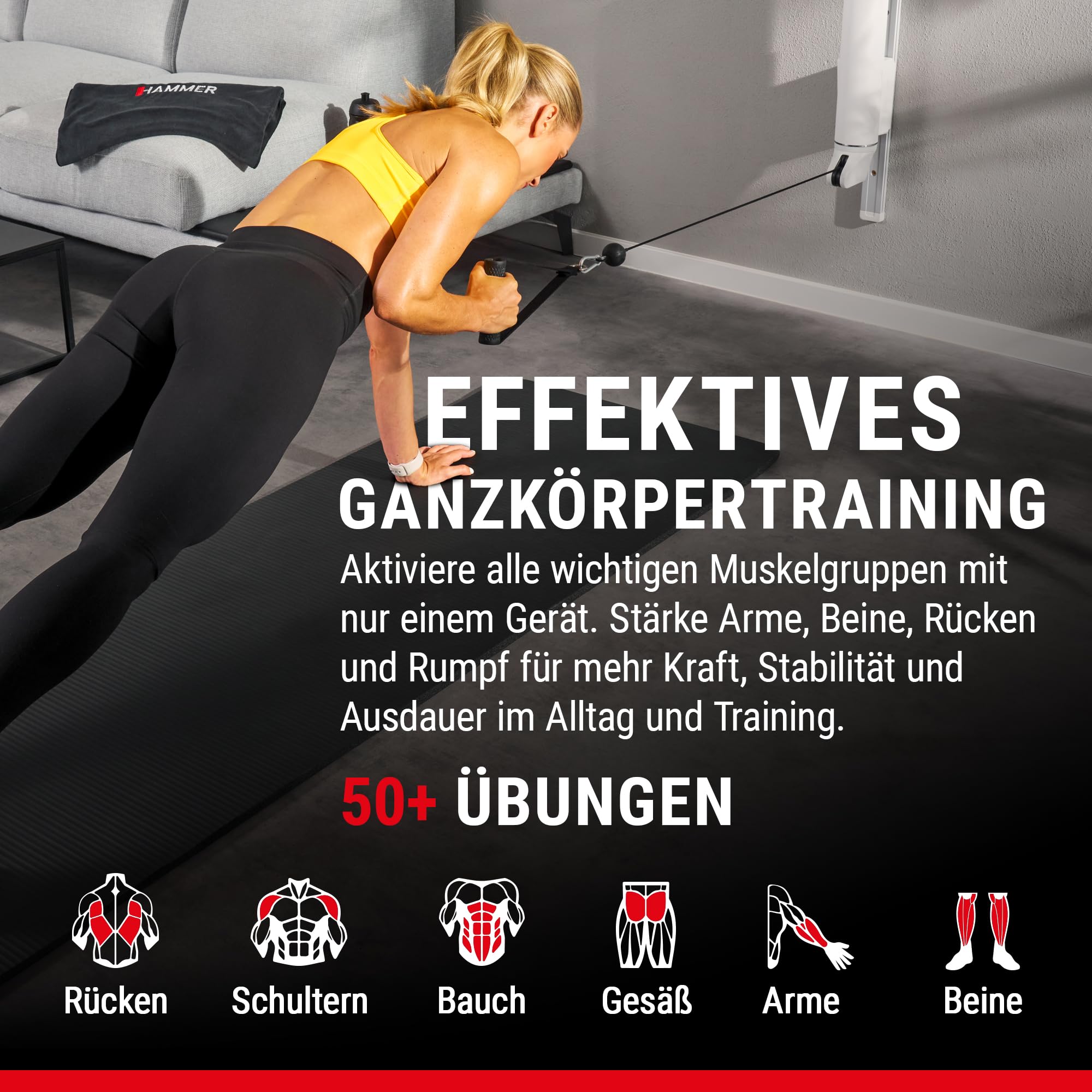 HAMMER Kraftstation Finnlo CablePull, Kabelzugstation, Kabelzug Trainer | Karfttraining Zuhause, 6 Widerstandsstufen, 146 cm Profi-Seilzuglänge, Seilzug 180° Grad drehbar, 9-fach höhenverstellbar