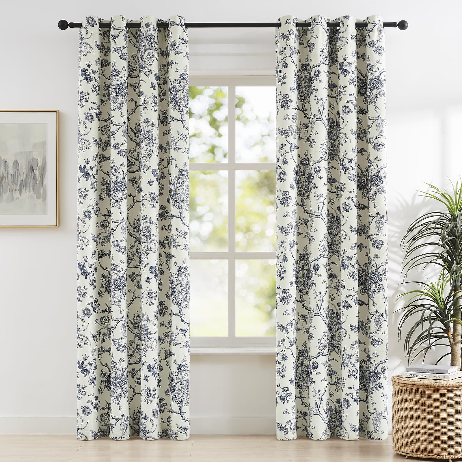 Melodieux Vintage Floral Cotton Blackout Curtains for Living Room, Bedroom French Farmhouse Country Drapes Thermal Insulated Grommet Curtains Toile de