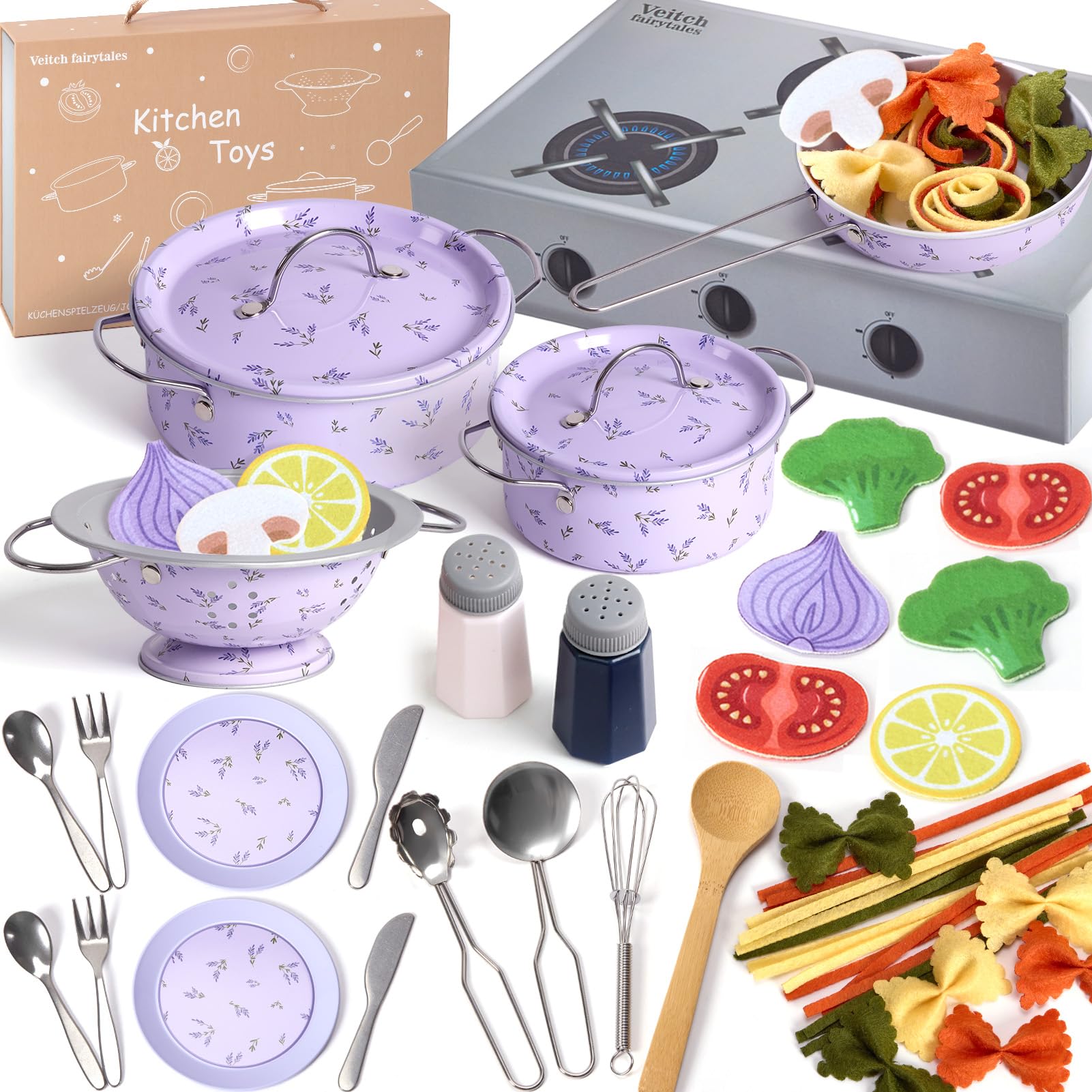 Veitch fairytales Matschküche Zubehör Outdoor Kinderküche Geschirr Set mit Spieltöpfen | Zubehör für Spielküche, Kindergeschirr & Küchenspielzeug | Kinder Küchenzubehör für Matschküchen (Lila)