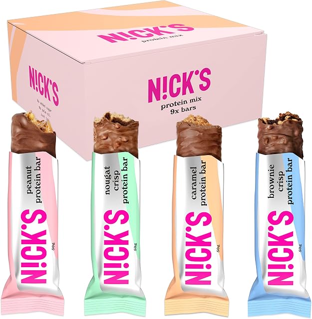 NICKS Protein Mix, pakiet testowy z proteinami n batoniki smakowe, czekoladowe batoniki białkowe bez dodatku cukru, bezglutenowy (9 x 50g)