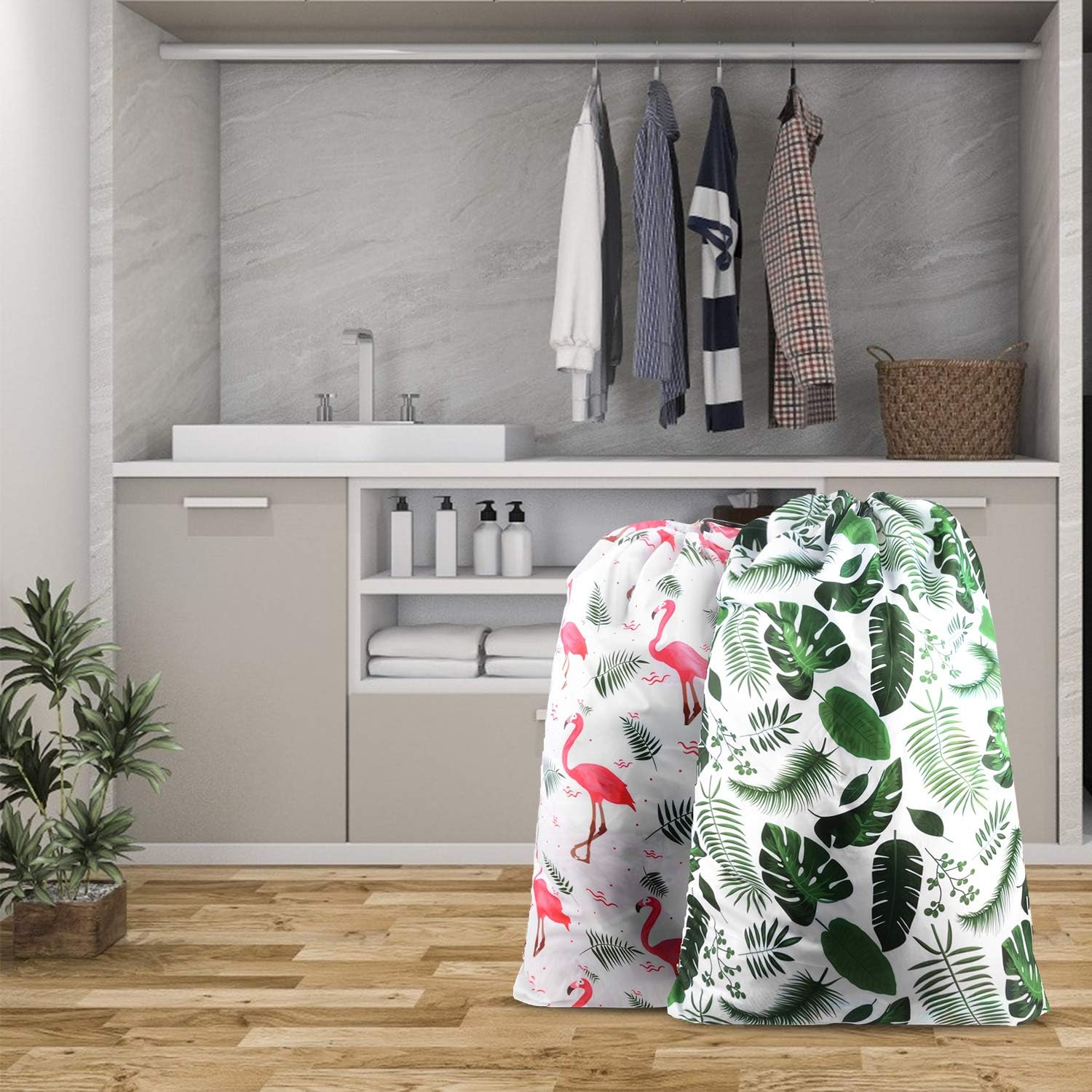 Nidoul 2 Pack XL Laundry Bags, Drawstring Closure Dirty Clothes Bag Organizer, Heavy Duty Large Laundry Bag, Durable Rip-Stop Bags for Camp Travel, Machine Washable 24" x 36" (Green Leaves)