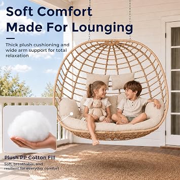 SWITTE Double Hanging Egg Chair with Stand, Outdoor Patio 2 Person Wicker Hammock Swing Chairs with Cushion Loveseat for Indoor Bedroom, Lawn, Garden-Beige