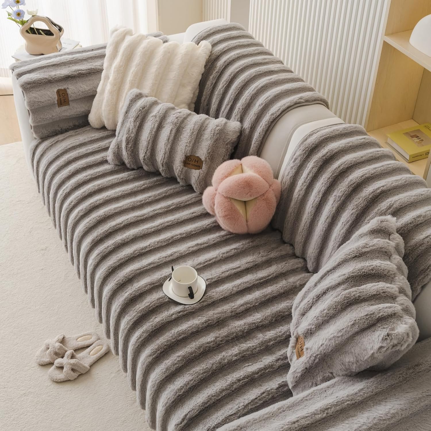 Fuzzy Rabbit Plush Sofa Cover Thick Soft Fur Sectional Couch Cover Furry Fluffy Cushion Cover Non-Slip Sofa Slipcovers Vertical Stripe Furniture Protector for Dogs Cats(Light Grey,36"x63")