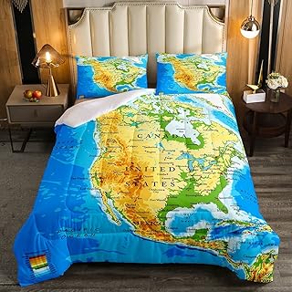 Feelyou World Map Soft Comforter Set Kids Topographic Map of The World C...