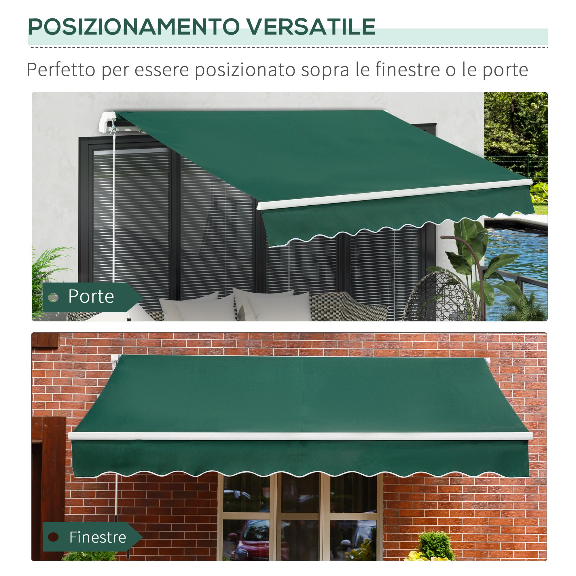 Outsunny Tenda da Sole 3x2 m con Braccio Avvolgibile, Tenda Parasole da Esterno a Manovella in Alluminio e Tessuto Poliestere, Protezione UV, Verde