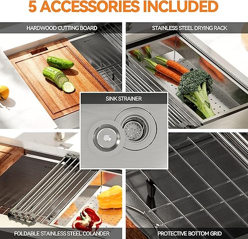 Miniatura 5 de MONDAWE Fregadero de cocina empotrado de 32 pulgadas, cuenco individual de calibre 18, lavabo de cocina de acero inoxidable de grado Sus304 con