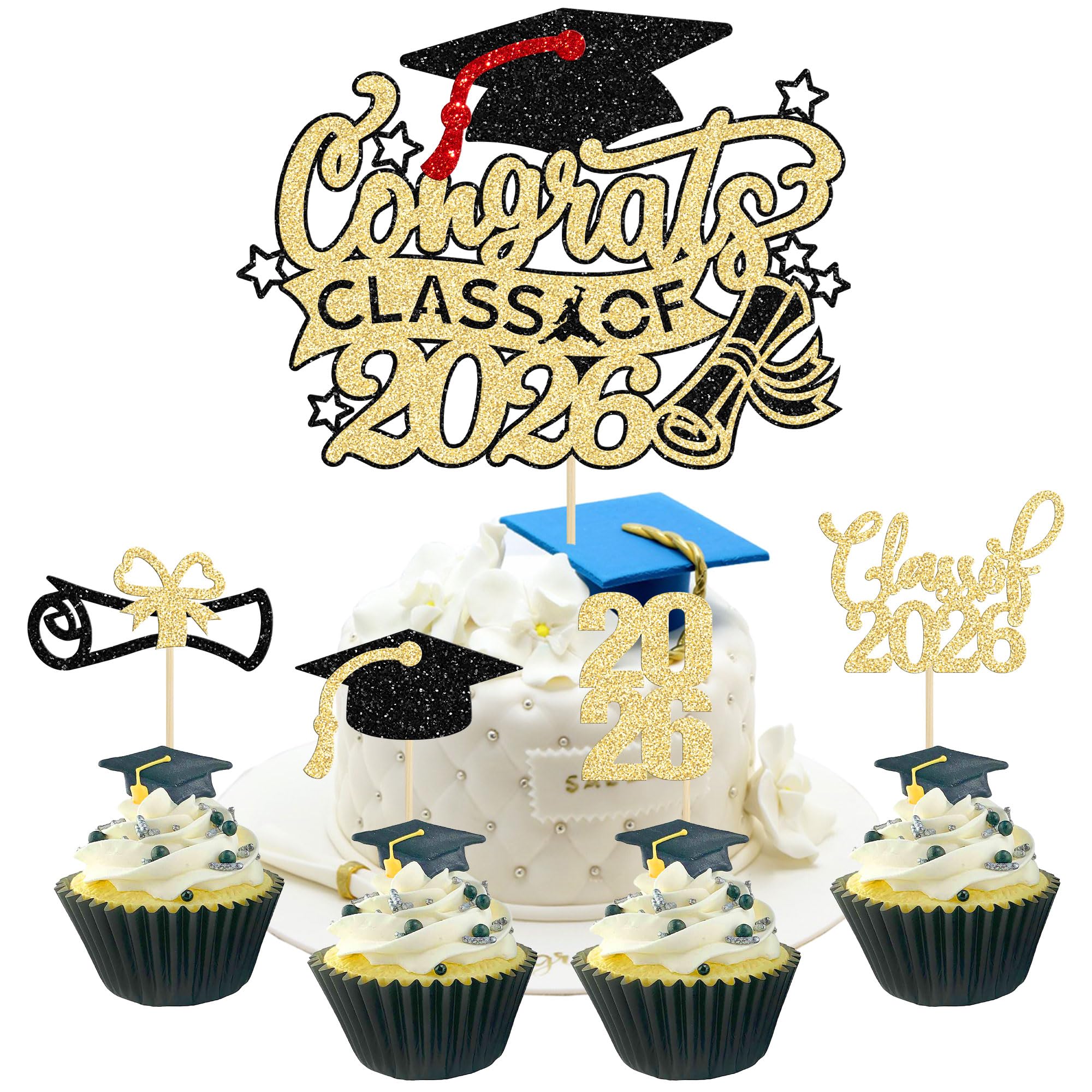 Gyufise 25Pcs Graduation Cupcake Toppers Congrats Grad Class of 2026 Cake Decoration for We Are Proud of You Themed Graduation Cap Diploma Cake Decorations I’m Done Party Supplies Black Gold