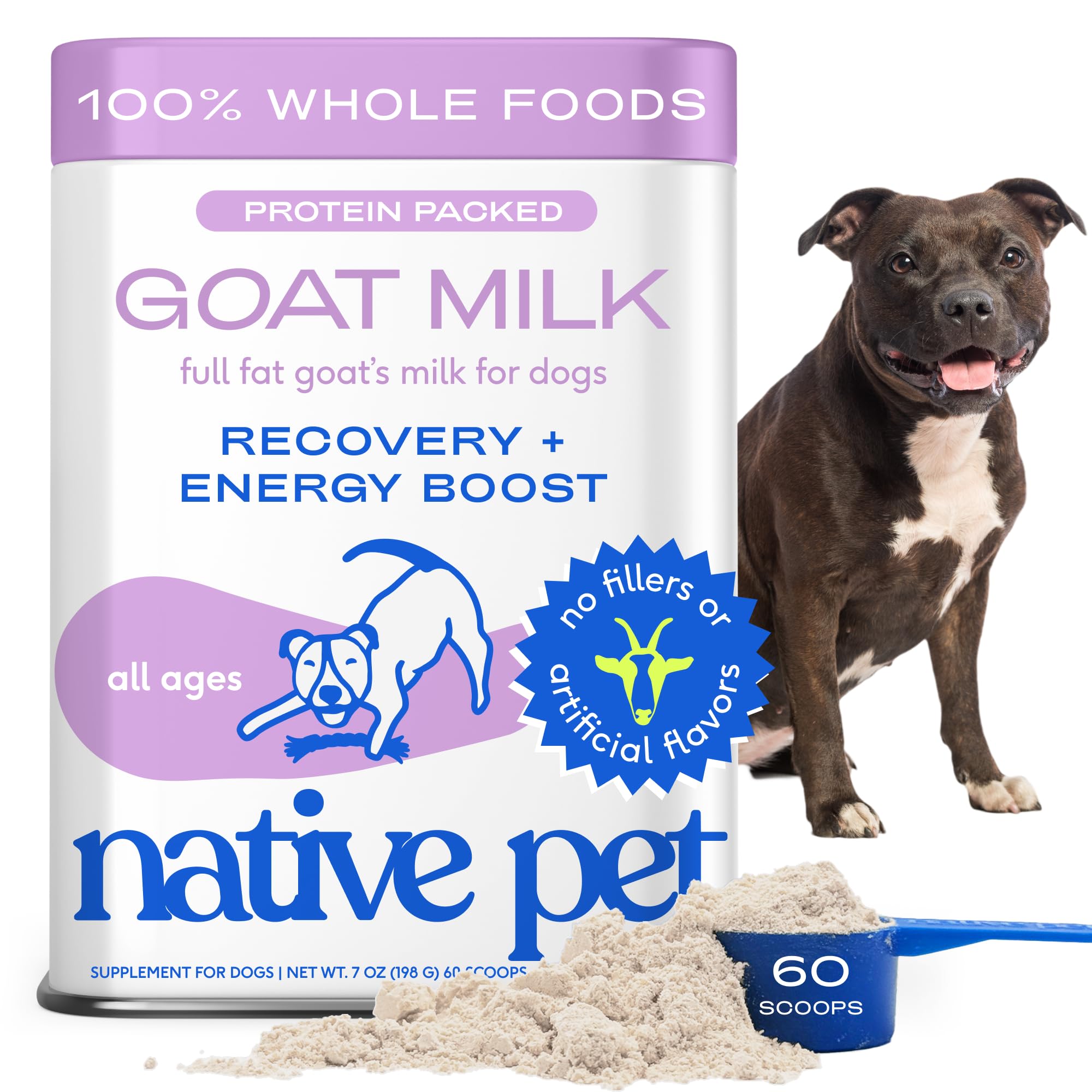 Native Pet Goat Milk for Dogs - Organic Goat Milk Powder for Dogs and Cats - Puppy Formula Dairy Replacement Packed with Protein & Vitamins for Immunity, Recovery & Growth for Active Pups - 60 Scoops