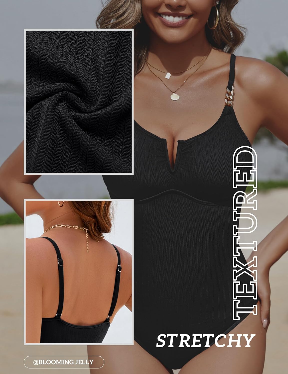 Blooming Jelly Womens One Piece Swimsuit V Wire Push Up Ribbed Slimming Tummy Control Bathing Suit Modest High Cut Swimwear - Image 2