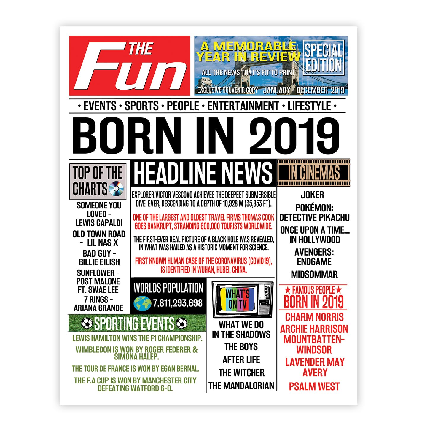 Stuff4 7th Birthday Poster Unframed, Born In 2019 Newspaper