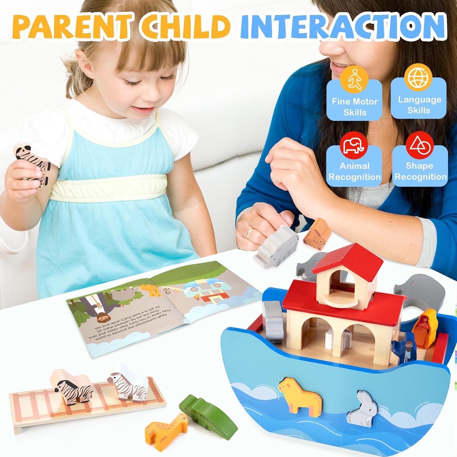 JUSTWOOD 8-in-1 Learning Activity Cube Bundle with Wooden Noah's Ark Toy