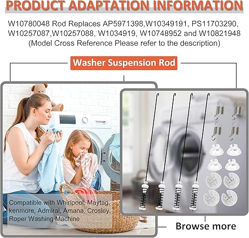 Miniatura 5 de W10780048 - Kit de varilla de suspensión para lavadora (4 piezas) con resortes de suspensión W10400895 (4 piezas) compatible con lavadora Whirlpool