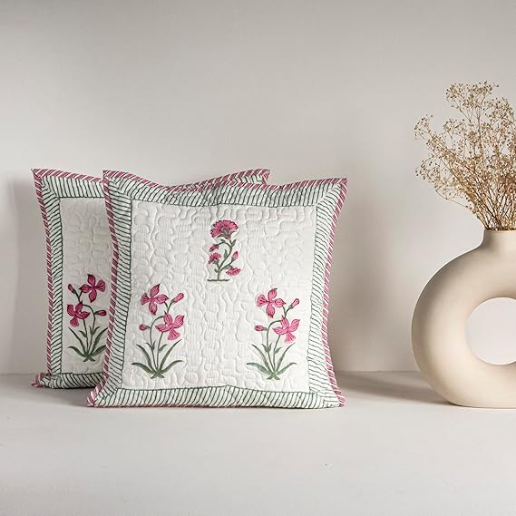 HOMEMONDE Quilted 16 x 16 Inches Soft Throw Cushion Cover - Pack of 2 Jaipuri Hand Block Print Cotton Pillow Covers, Pink