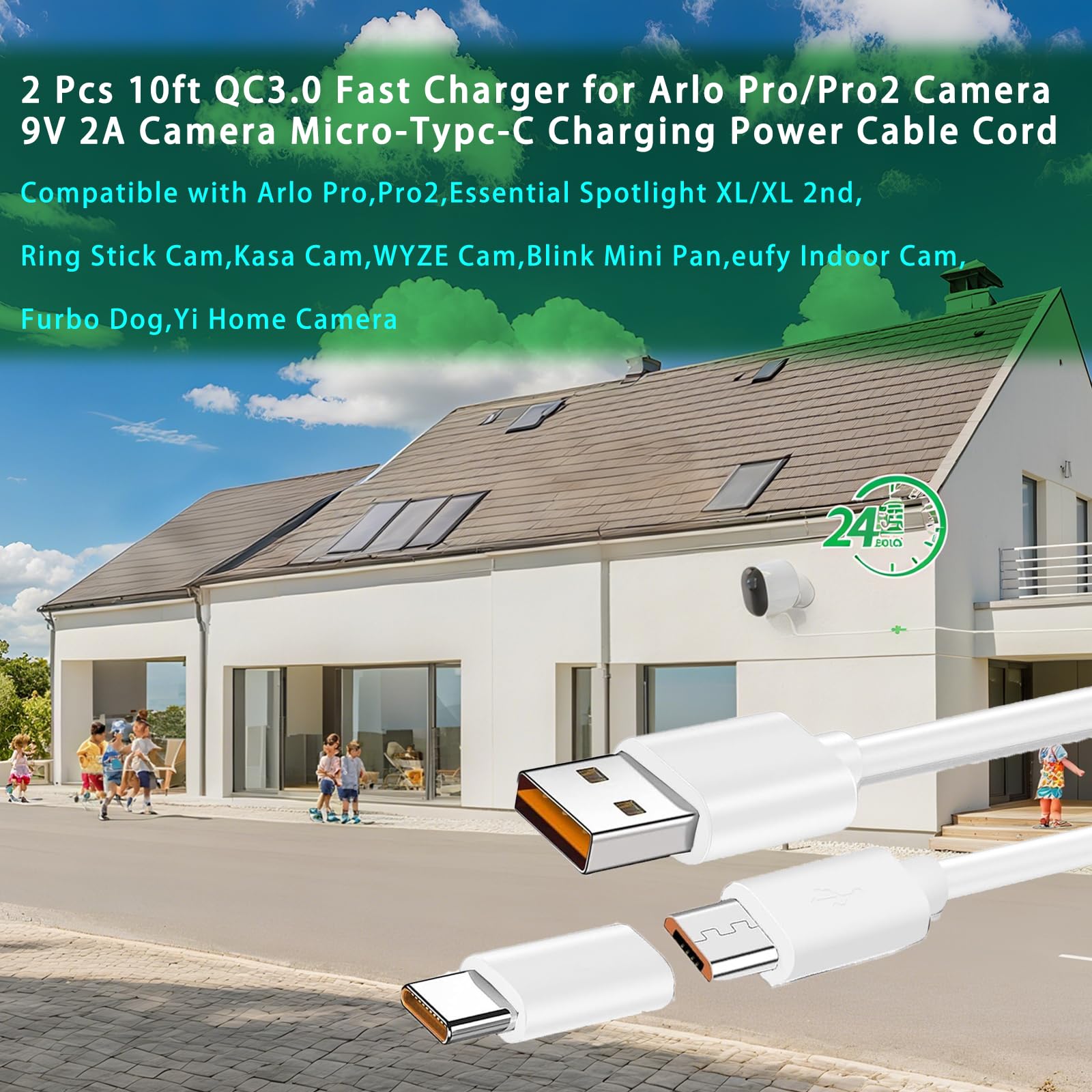 2 cavi di ricarica rapida QC3.0 da 3 m per fotocamera Arlo Pro/Pro2, cavo di alimentazione 9 V per Arlo, Q, GO, Essential Spotlight XL/XL 2nd, Ring Stick Cam, Wyze Cam Pan v3 v2, Blink, Yi Home, Kasa