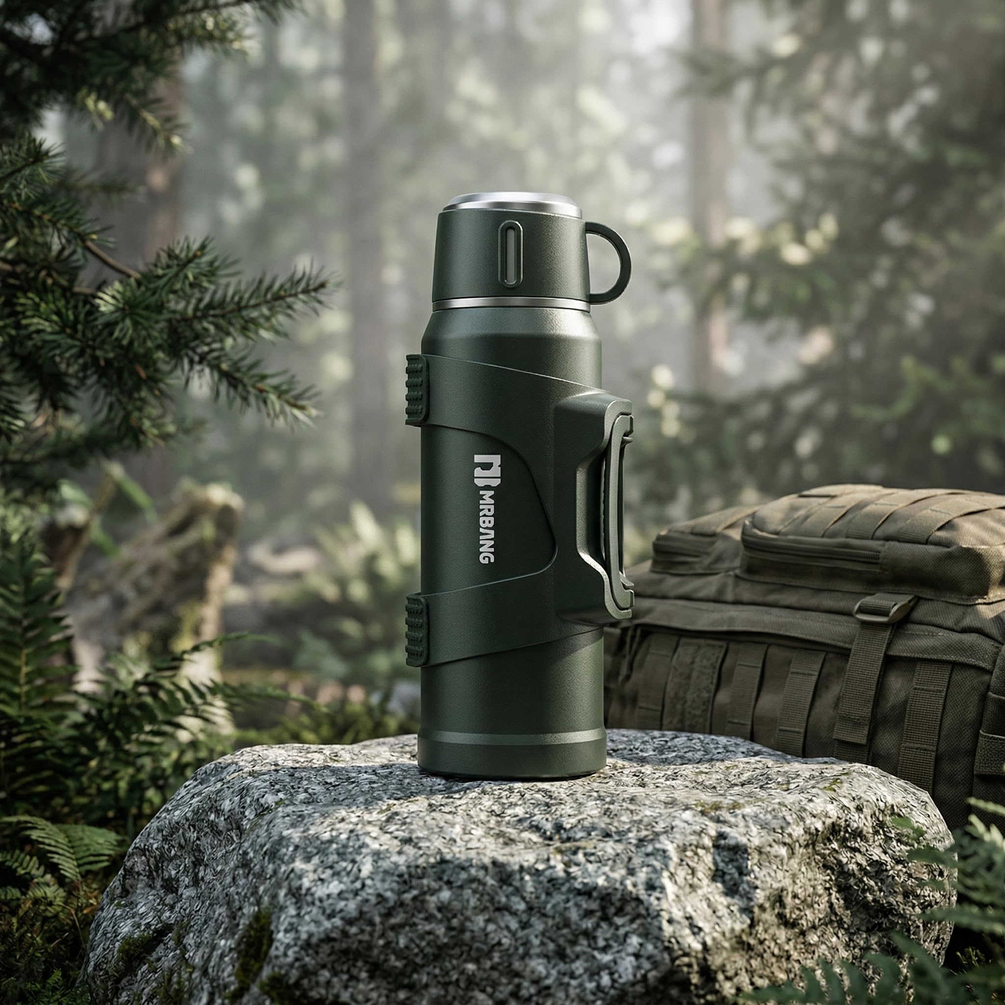Termo de 2 litros, con vaso, de acero inoxidable, mantiene el calor durante 24 horas, para exteriores, viajes, camping, pesca, verde