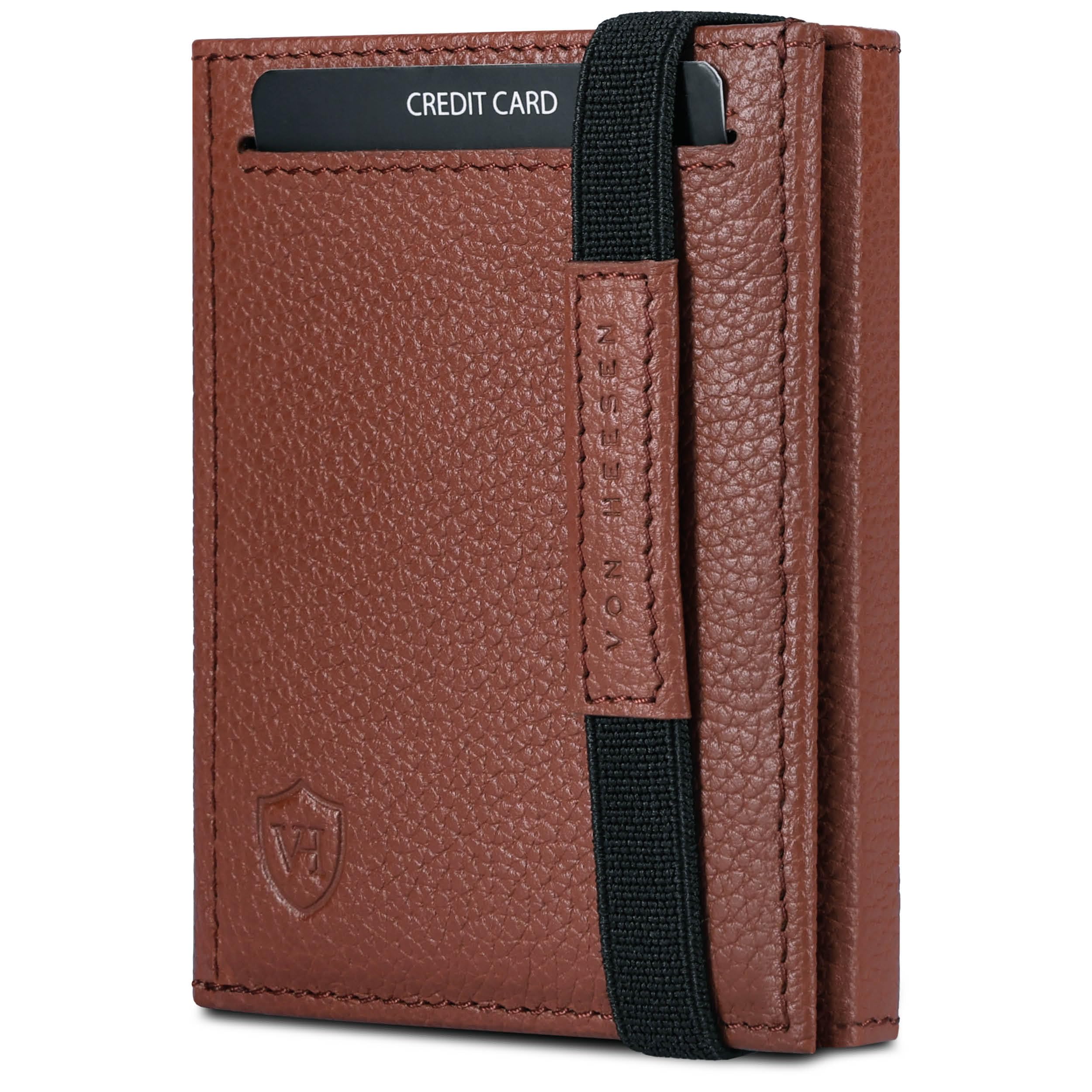 VON HEESEN Slim Wallet mit Münzfach & RFID-Schutz - Leder Geldbeutel - Mini Geldbörse für Herren und Damen - Kartenetui Echtleder Karten Portemonnaie klein - Kreditkartenetui Cognac-Braun genarbt
