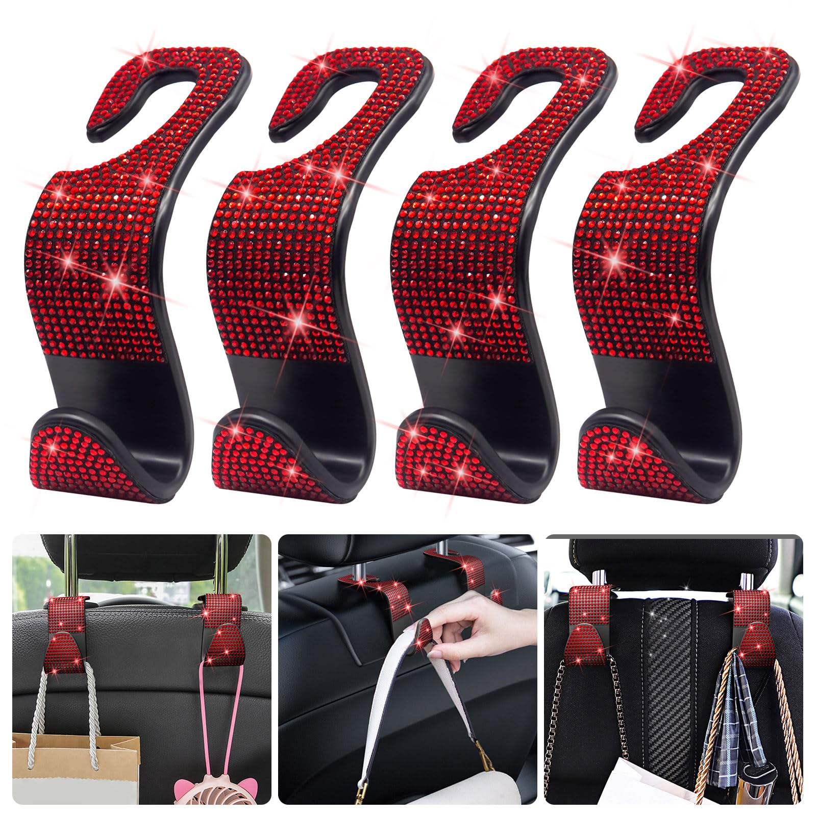 Anwlki Bling Headrest Holder Car Hooks 4 Pieces Rhinestone Car Hooks for Women and Girls, Women Car Headrest Hook Accessories for Purse, Bag, Handbag etc (Red)