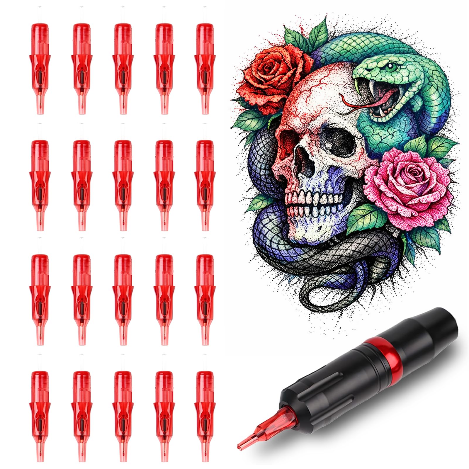 GBK 20pcs Tattoo Ball Point Pen Cartridges, Ballpoint Pen Tattoo Cartridge with Strong Spring & Wax Seal, Tattoo Practice Pen for Paper Drawing, Dot Work, Beginners & Artists (Red)