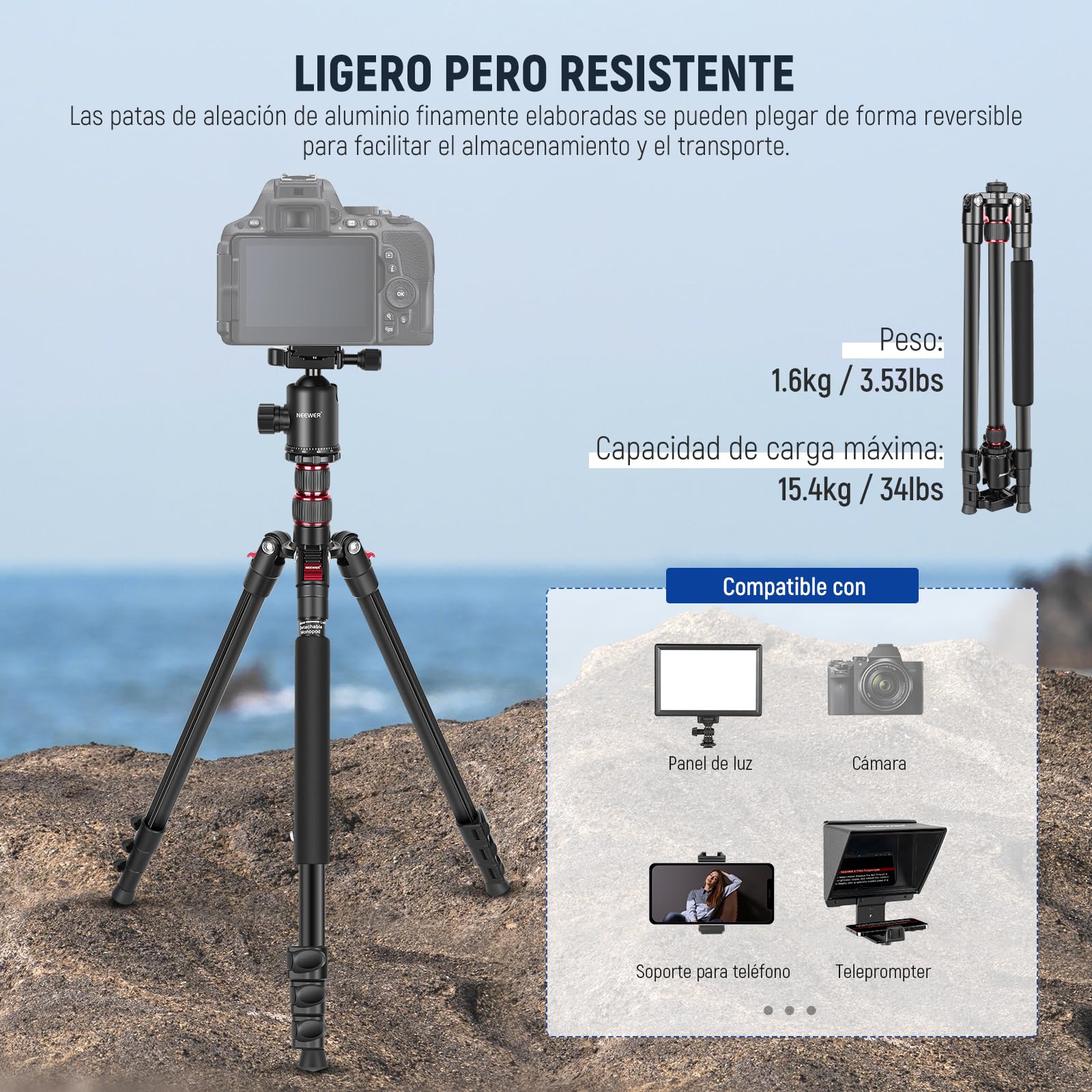 NEEWER 77"/197cm Trípode Monopod de Cámara para DSLR, Teléfono, con Cabeza de Bola Panorámica de 360°, Columna Central de 2 Ejes, Arca Tipo QR Placa, Aluminio Ligero Trípode de Viaje, Máx Carga 15,4kg