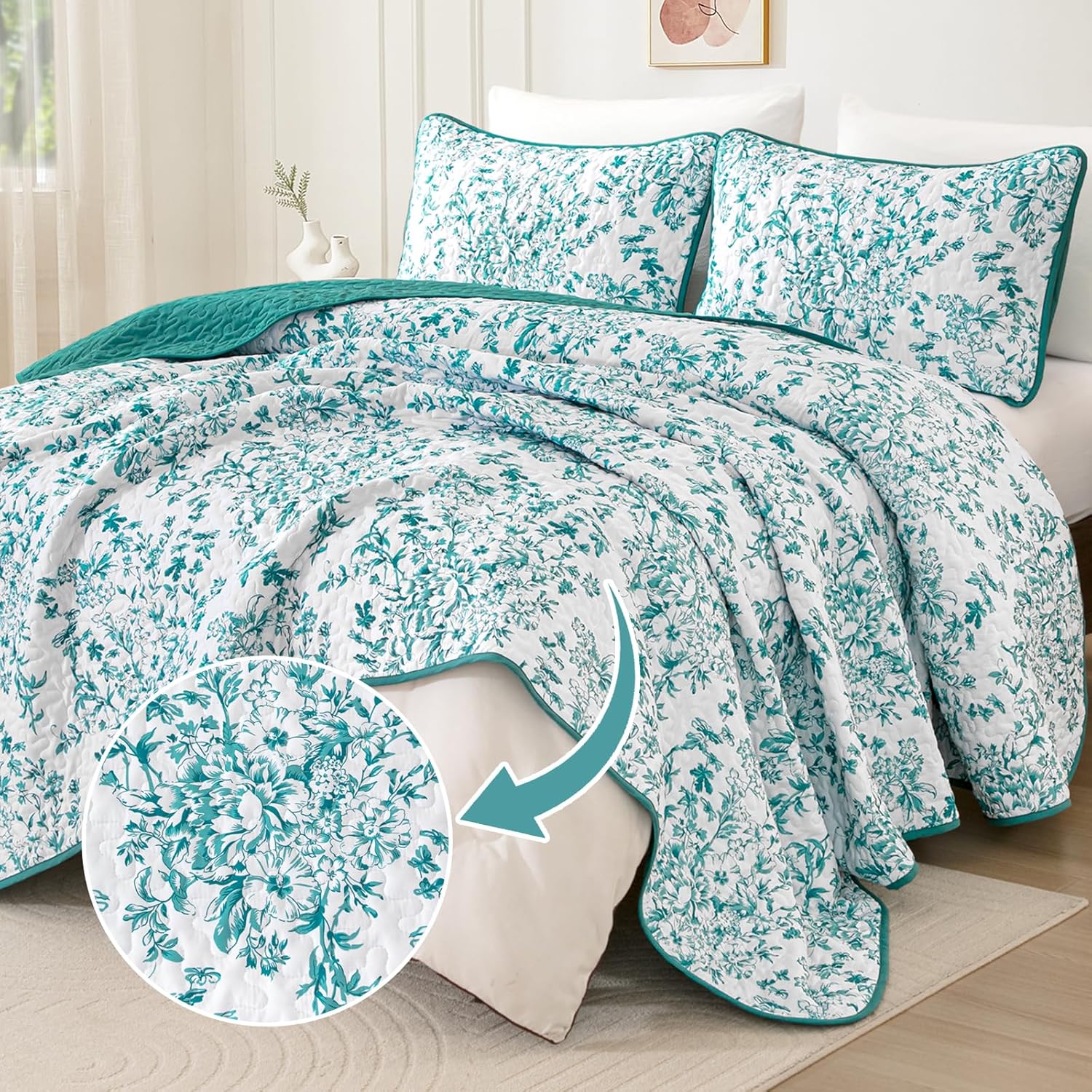 WONGS BEDDING Quilt Queen Size, Teal Quilt Bedding Set with 2 Pillowcases, Botanical Quilt for Queen Bed, Soft Microfiber Lightweight Coverlet Bedspread for All Season (96"×90", 3 Pieces) - Image 2