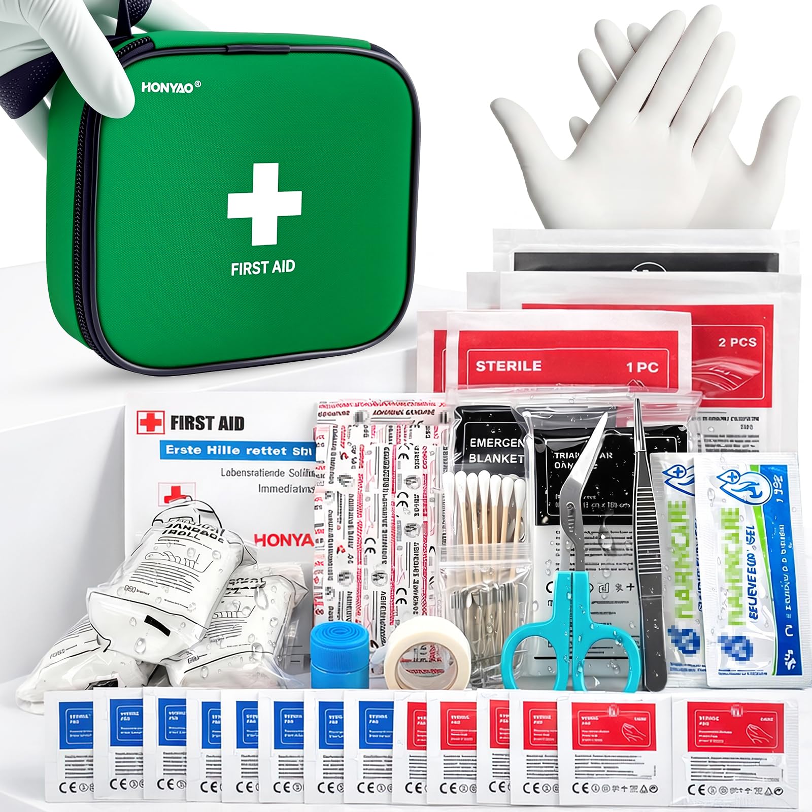 HONYAO Mini First Aid Kit 125 Pcs, Portable Survival Kits, Emergency Compact First Aid Bag - Safety Essentials for Travel Camping Car Home Office Workplace Kids Hiking Motorbike Holiday Cycling