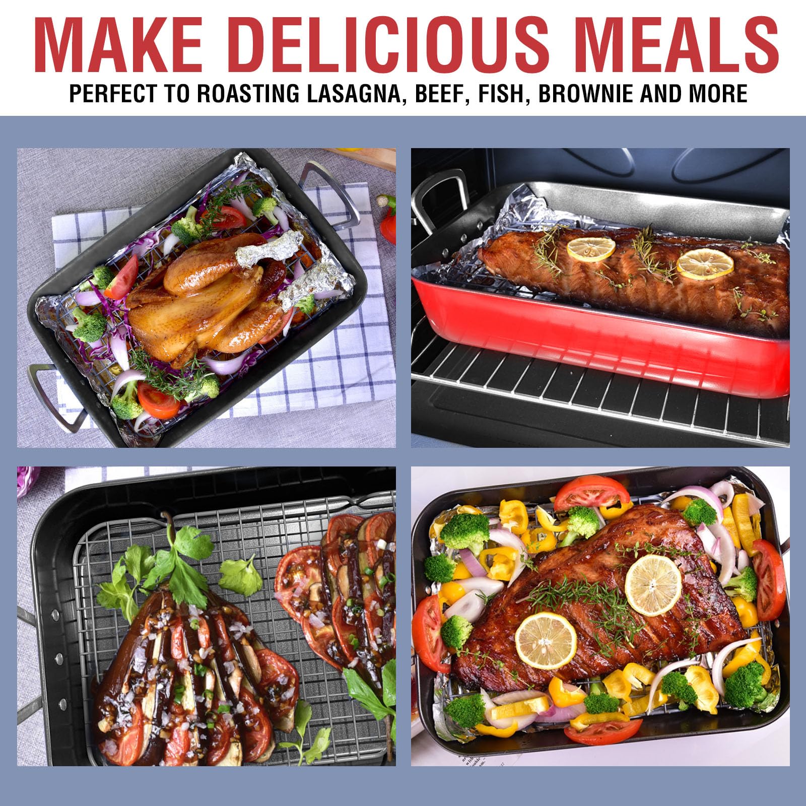 Plat a Rotir avec Grille Plat de Cuisson RevetementAntiadhesif avec Poignee Plaque a FourRectangulaire Polyvalent Thème de Noël pour la Dinde le Boeuf les Legumes les Pates etc Rouge 44.5 cm