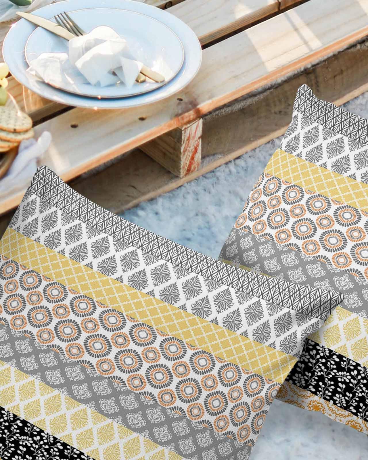 Outdoor Pillows Waterproof Pillow Covers Set of 2 Boho Black Yellow Grey Polyester Throw Pillow Covers Garden Cushion Case for Patio Funiture Sofa Decoration 16x16inch Bohemia Geometric Retro Stripes