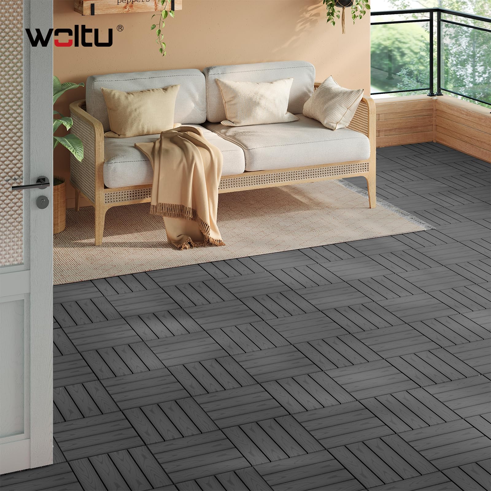 WOLTU 22 x Pavimentazione Esterna WPC ad Incastro 30x30cm,Grigio | Piastrelle ad Incastro, Per Balcone/Giardino/Terrazza, in WPC, Legno Composito, 22 Pannelli / 2 m², Grigio