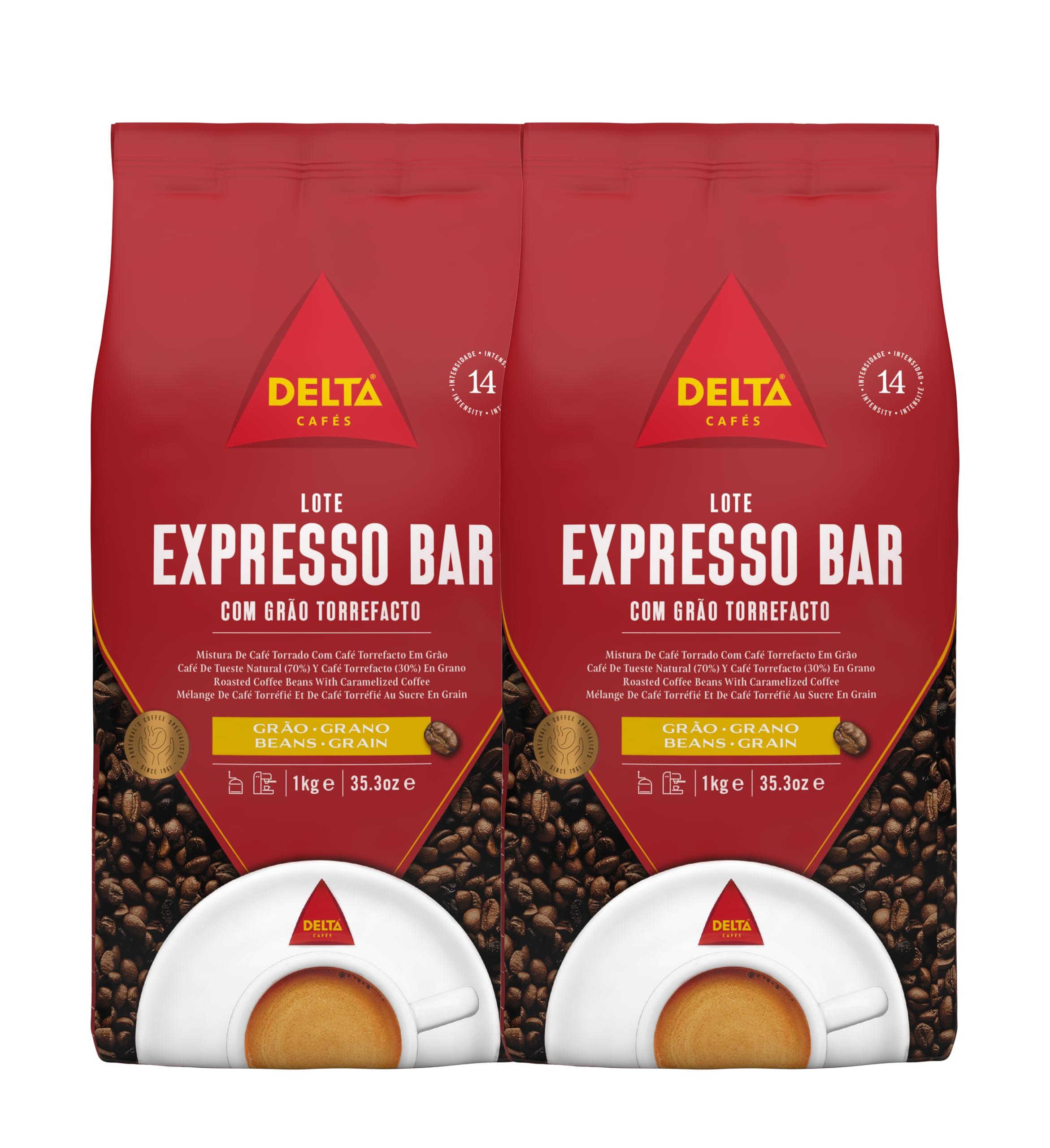 Delta Cafés Café en Grano Espresso Bar 2x1 Kg Intensidad 14 Mezcla Arábica Robusta