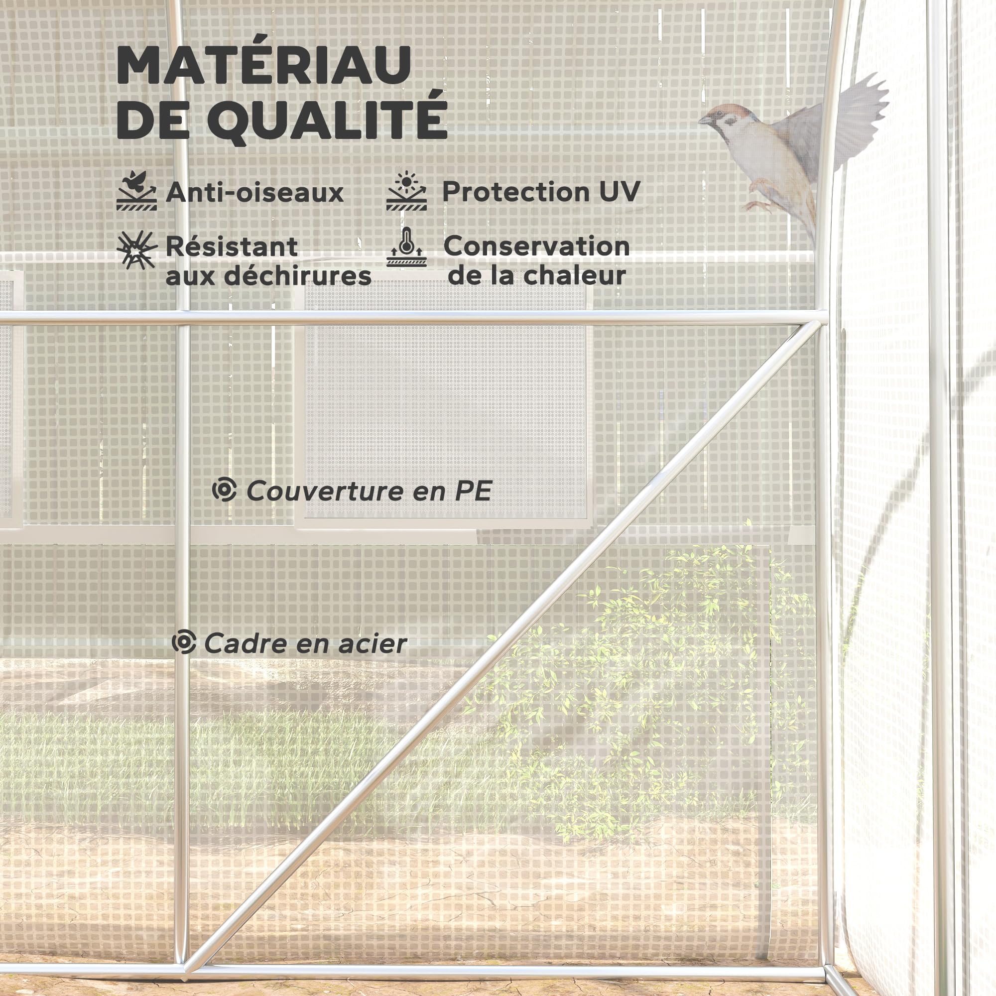 Outsunny Serre de Jardin Tunnel, Serre Tunnel 6 m² avec 6 fenêtres et 1 Porte Enroulable, Toile PE Structure en Acier galvanisé, Blanc
