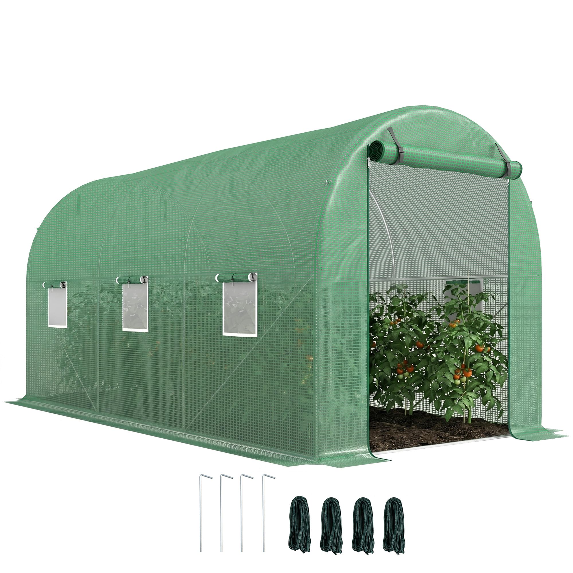 Outsunny serra a tunnel 4x2x2 m, porta arrotolabile, verde, camminabile
