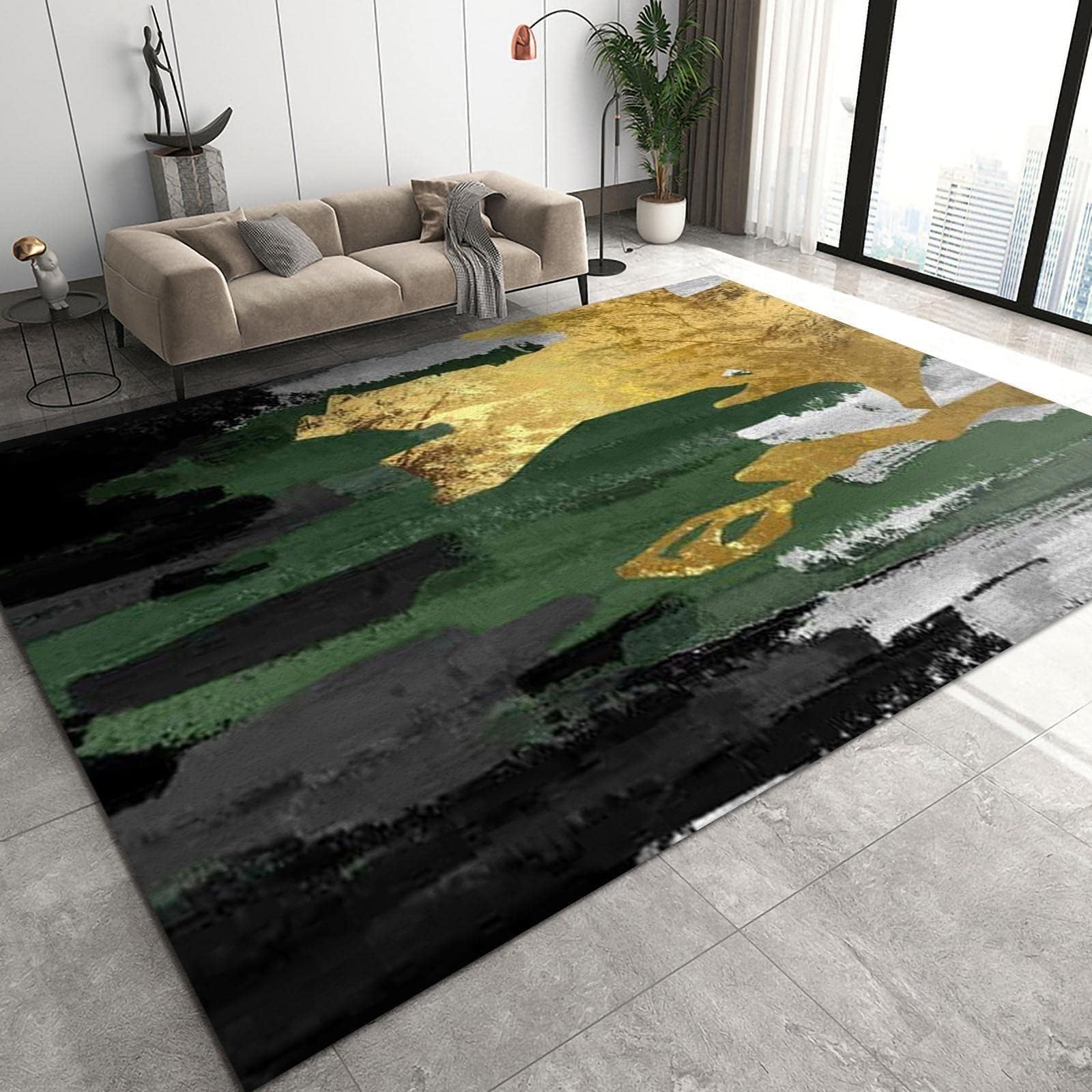 6x9 Area Rugs Modern Fashion Living Room Rugs, Light Luxury Emerald Green Black Gold Gray Classroom Rug with Carpet Non-Slip Backing for Bedroom