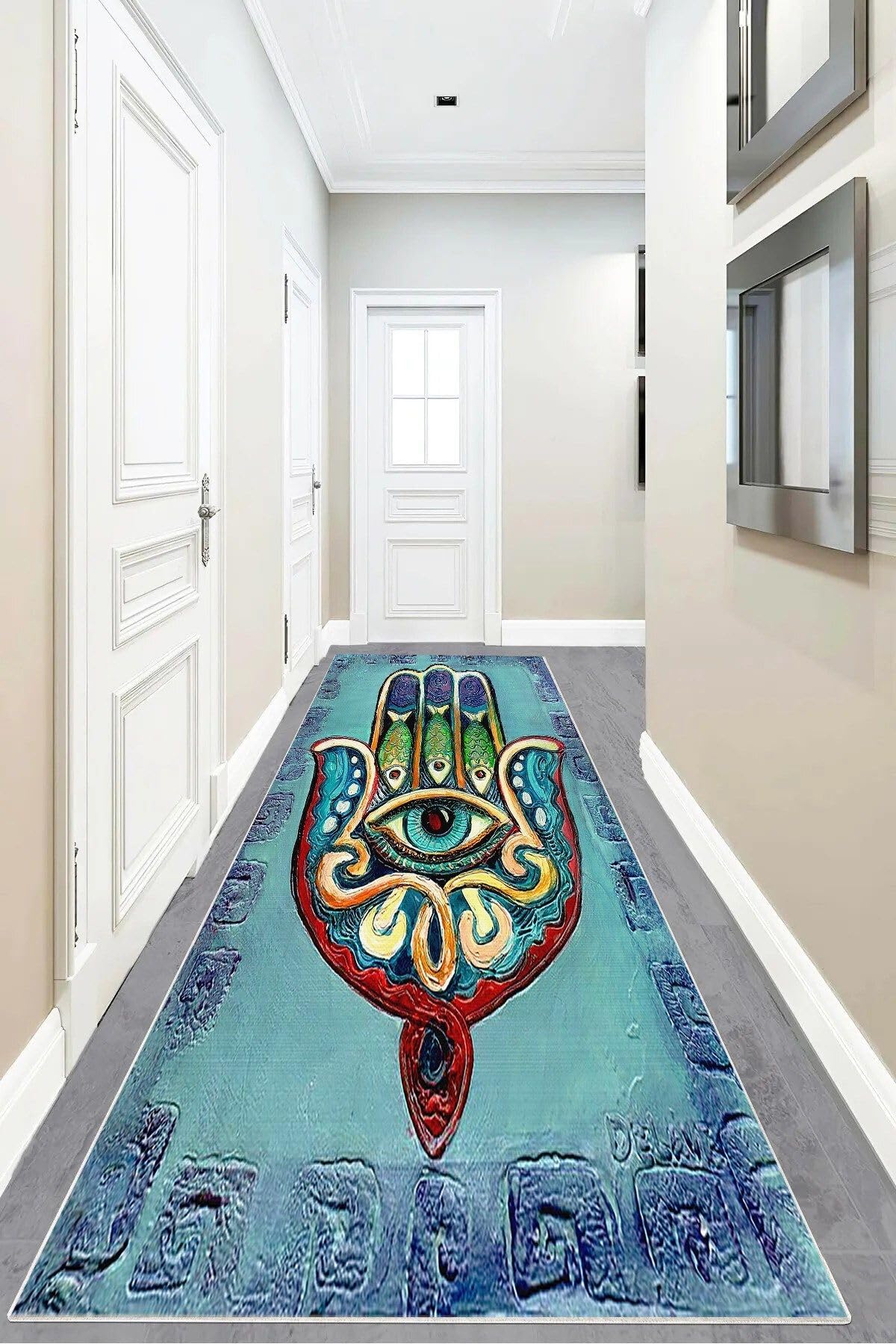 Pelangi Fatma Ana Eli Desenli Dijital Baskı Yıkanabilir Kaymaz Taban Modern Salon Halısı, Mavi 100 x 600, 95544291006007