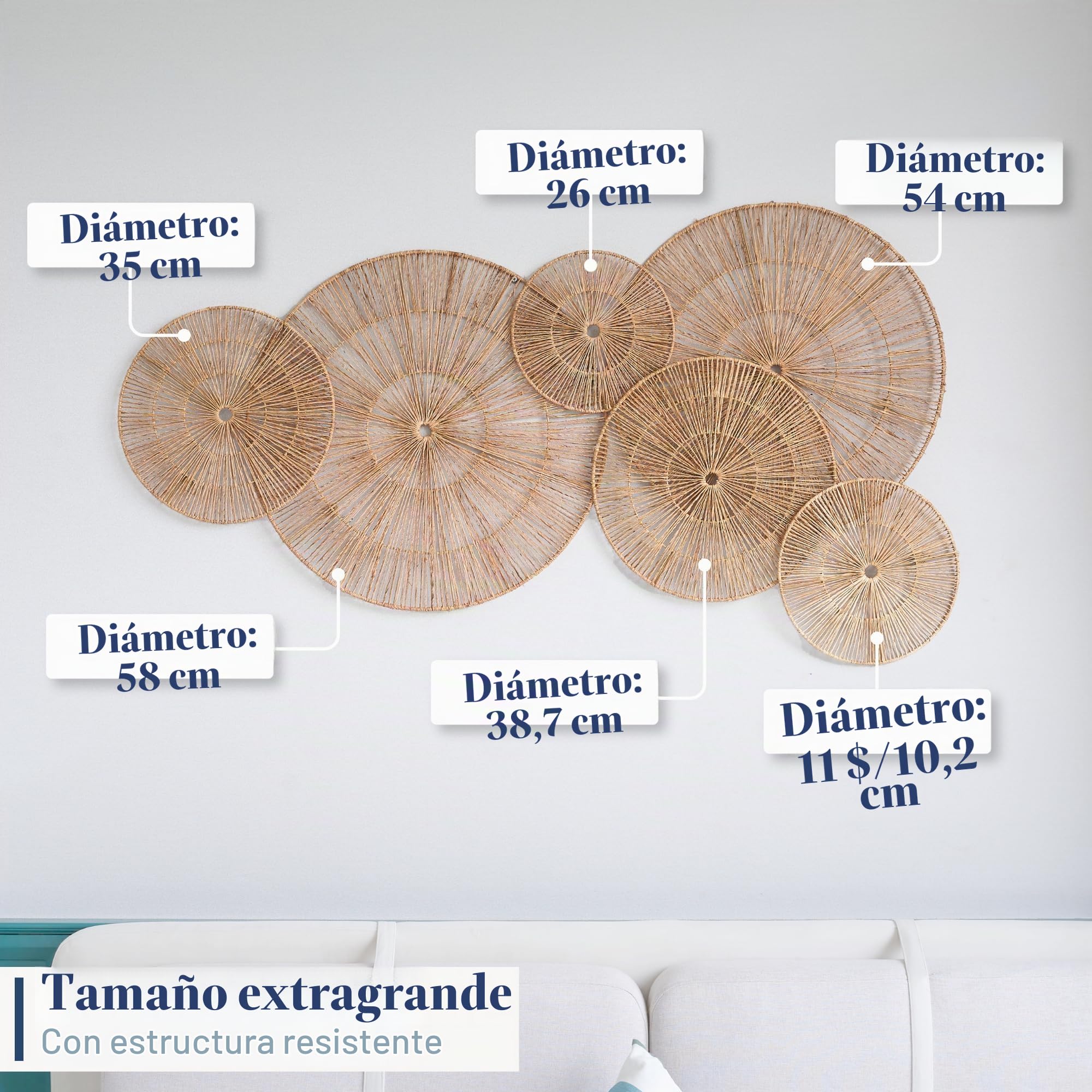 Chi An Home Decoración de pared de mimbre y yute, juego de 6 placas tejidas, cestas decorativas para arte de pared, colgar en dormitorio, sala de estar