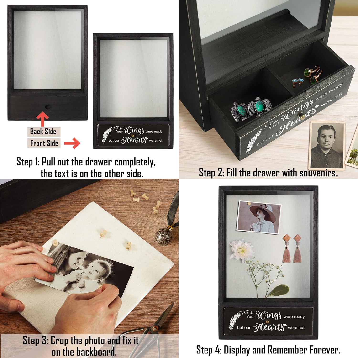 TJ.MOREE Memorial Gifts in Memory of Loved One Gifts Sympathy Gifts for Loss of Mother Father Bereavement Gifts Remembrance Picture Frame Shadow Box - Your Wings were Ready But Our Hearts were Not