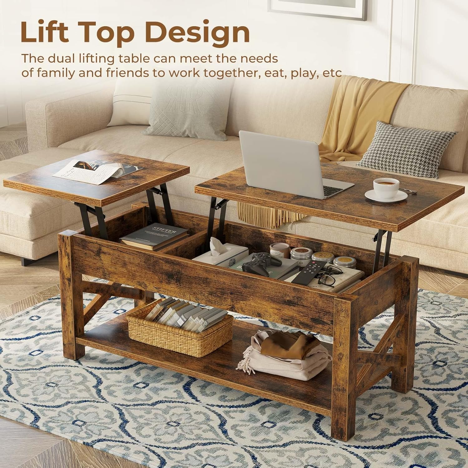 Rolanstar Coffee Table 47.2", 2 Way Lift Top with Hidden Compartment, Lift Top Coffee Table with Open Shelf & X Wooden Support, Center Table for Living Room, Rustic Brown