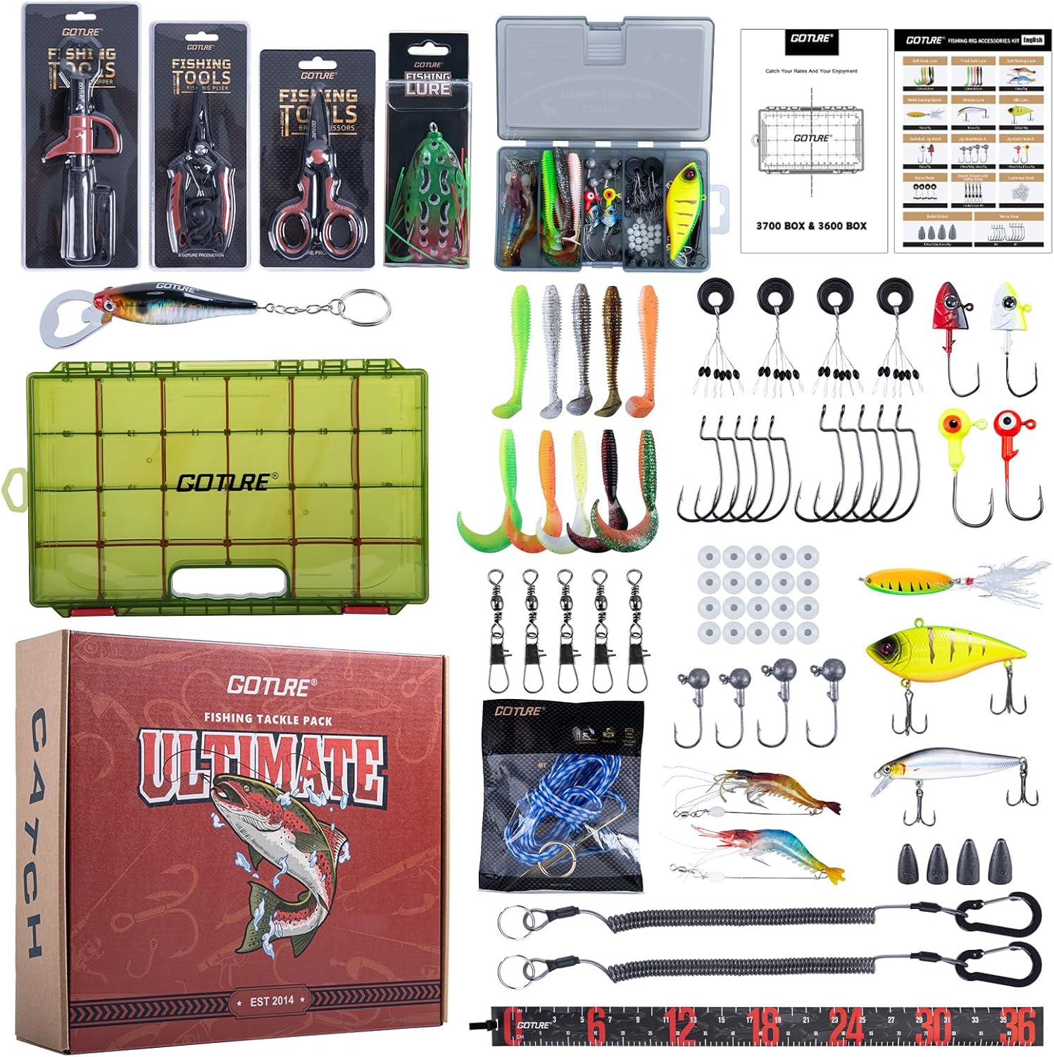 Goture Fishing Lures with Tackle Box and Fishing Tool Kit Set for Men Women, Include Fish plier, Braid Scissors, Fishing Gripper, Fish Ruler with Gift Box