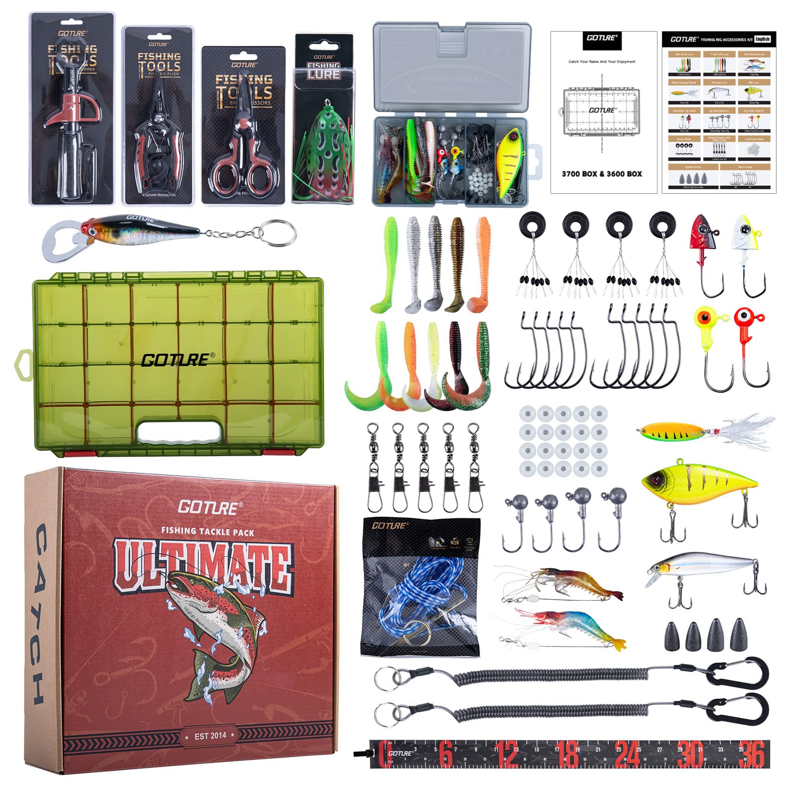 Goture Pro Fishing Gear and Equipment Tools Accessories Kit, 66pcs Lures & Hooks Kit, 3600 Tackle Box, Fishing Pliers, Scissors, Fish Gripper, Fish Rope, Scales, Ruler, Lanyards,Best Gifts for Anglers