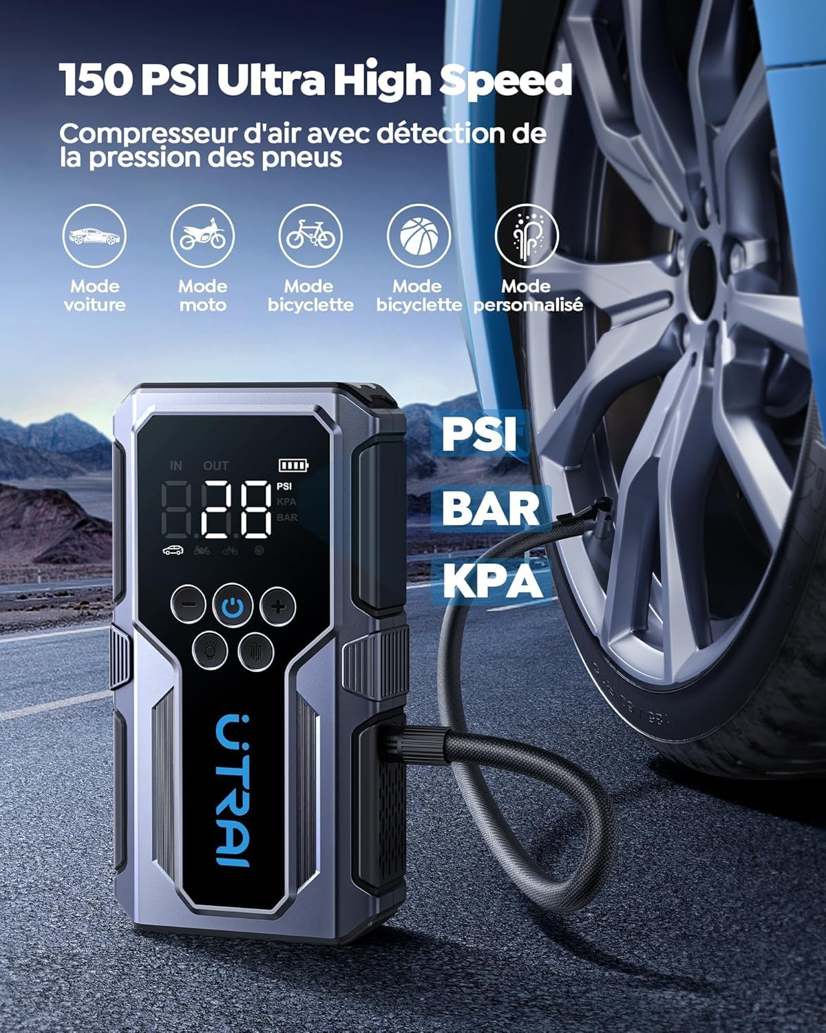 UTRAI Booster Batterie Voiture 6000A, Demarreur Batterie Voiture avec Gonfleur 150PSI (10L Essence/9L Diesel), Jump Starter avec Lumière LED 600 Lumens, QC3.0, Démarrage Forcé, Grand Écran