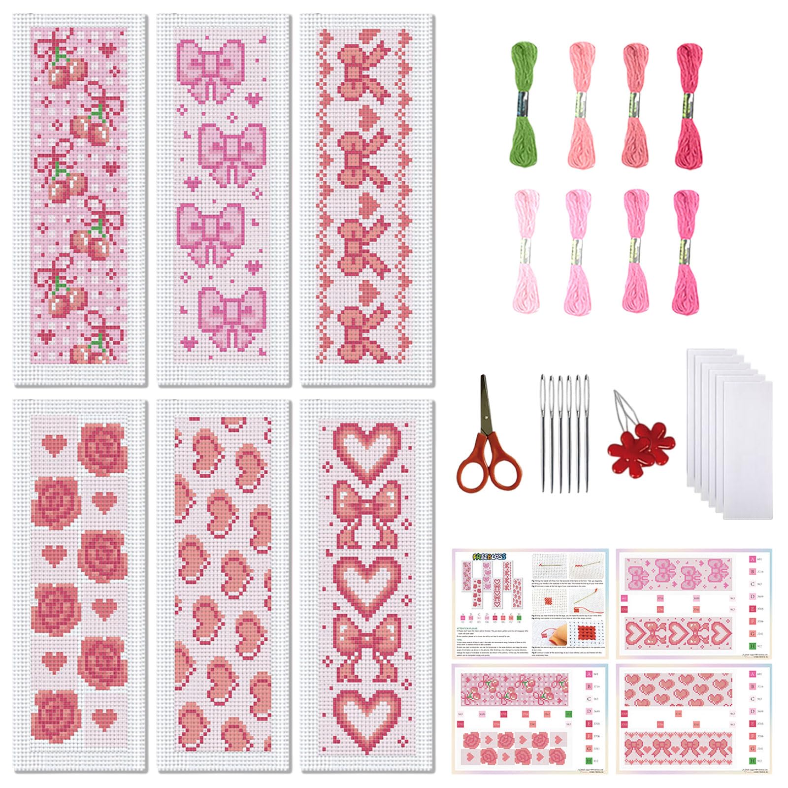 FREEBLOSS 6 Set Cross Stitch Bookmark Kit Stamped Cross Stitch Kit Pink Girl Theme Embroidery Set with Instruction for Adults 8''*2.4''