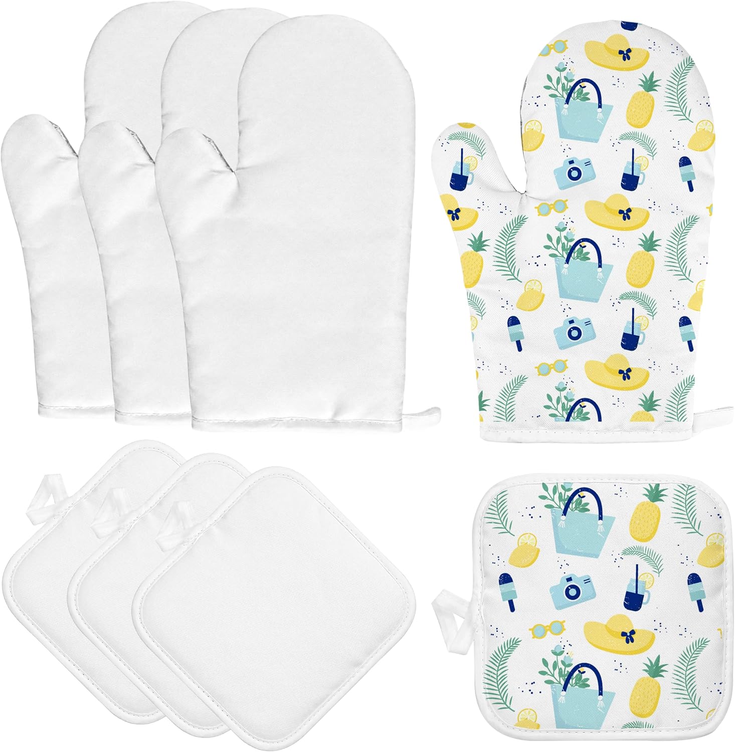 8pcs Blank Sublimation Oven Mitts Set Pot Holders Blanks Heat Resistance Transfer Include 4 White Gloves and 4 Placemats Blank Hot Pads for Mothers Day DIY Crafts Bulk Kitchen Dining Room Accessories