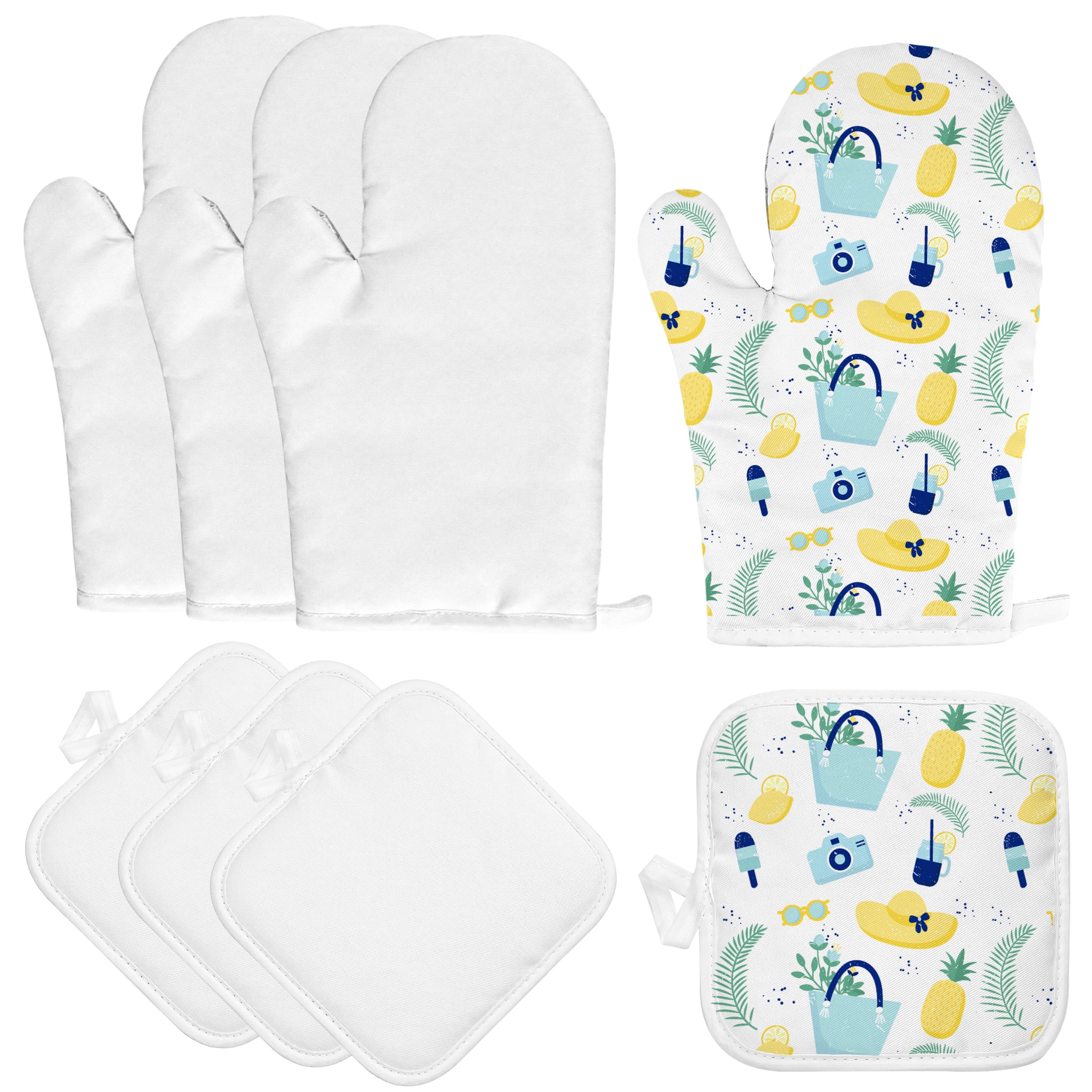 Set di 8 guanti da forno a sublimazione vuoti, resistenti al calore, con 4 guanti bianchi e 4 tovagliette bianche per la festa della mamma, fai da te, accessori per cucina e sala da pranzo