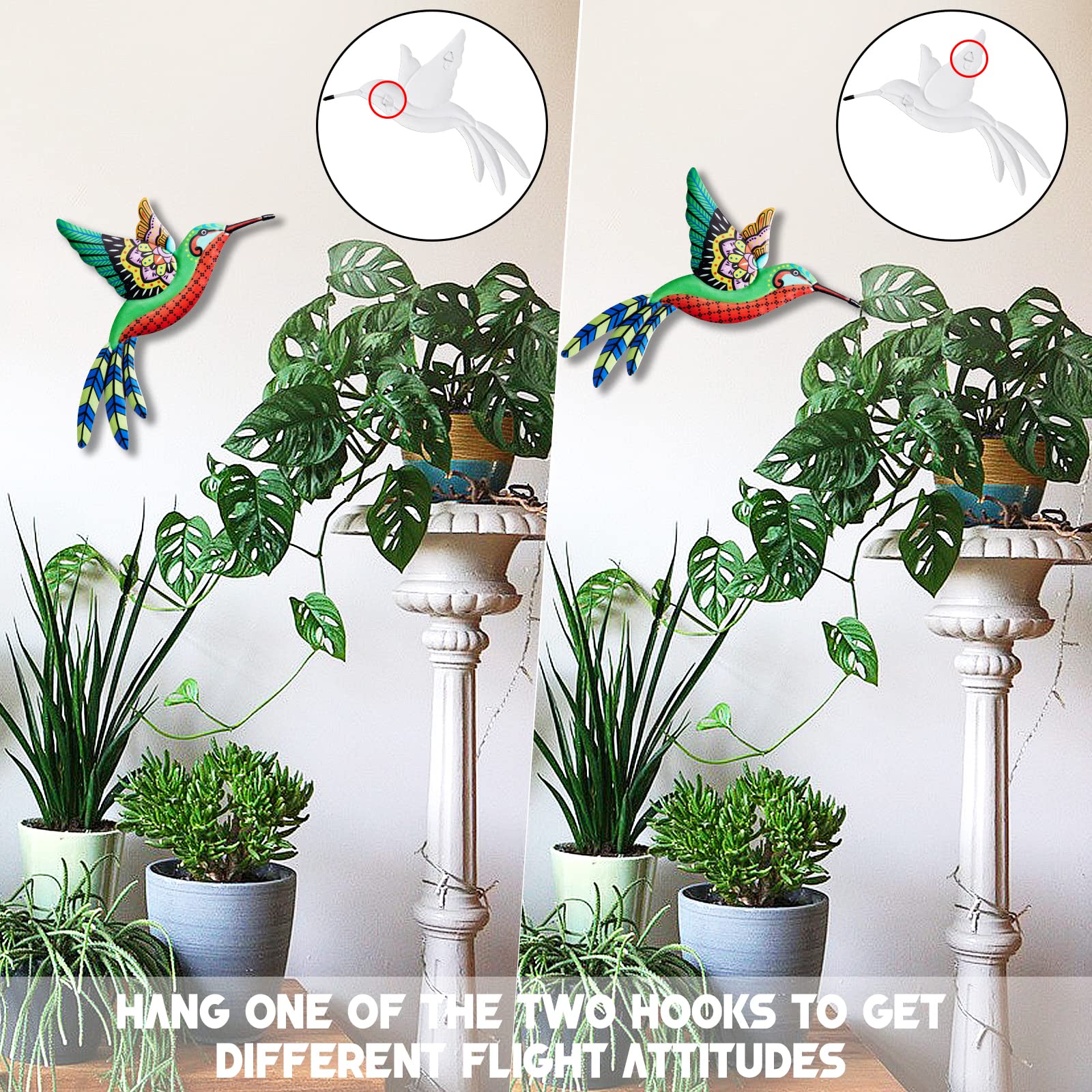 Lot De 4 Sculptures Murales Métal Colibri - 22x22 Cm - Décoration Jardin, Clôture, Intérieur - Motif Floral Coloré