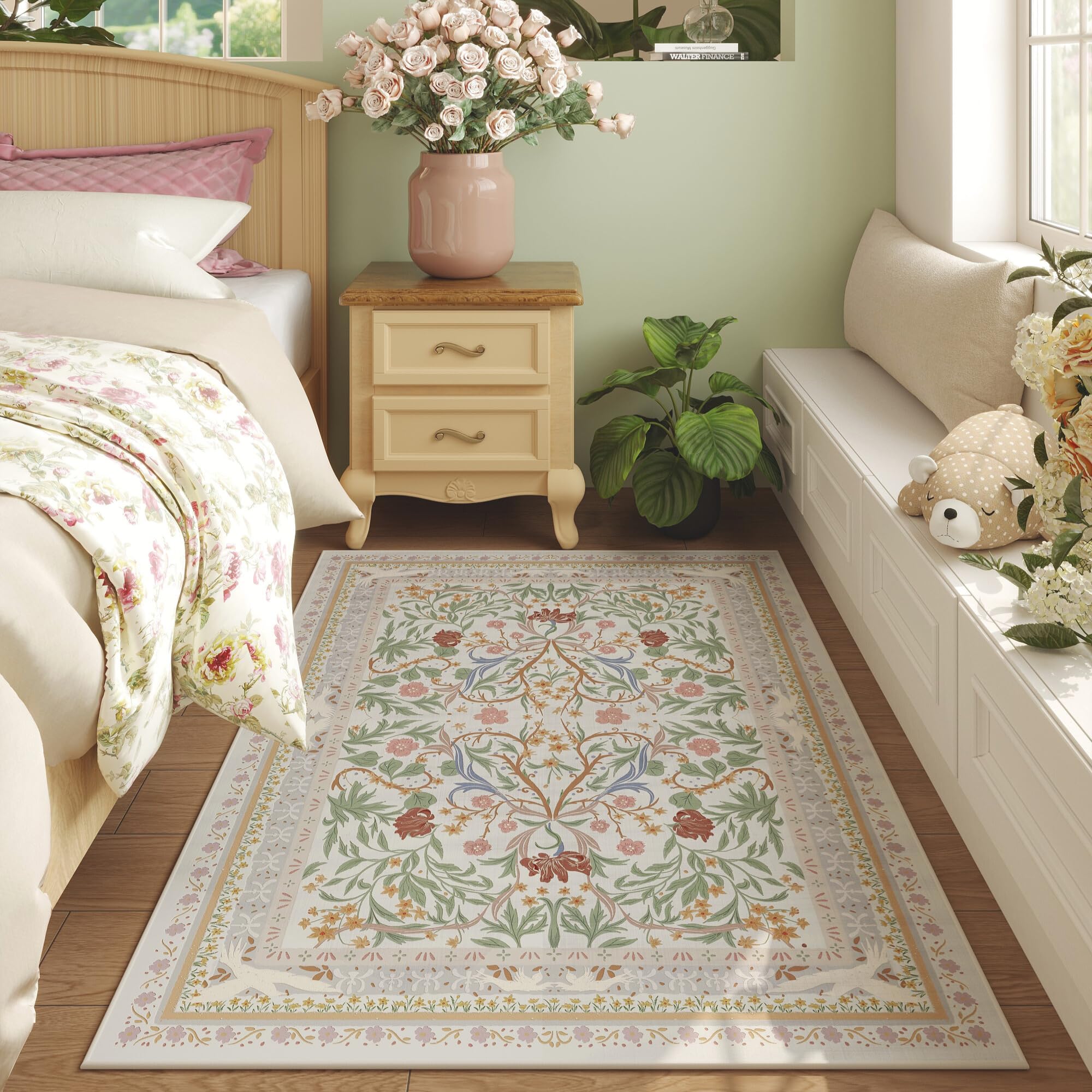 Vowkten Bedroom Rug 3x5 Rug Washable Area Rug Non Slip Low Pile Vintage Floral Botanical Small Carpet for Bedroom, Bedside, Kitchen, Entryway, Kids