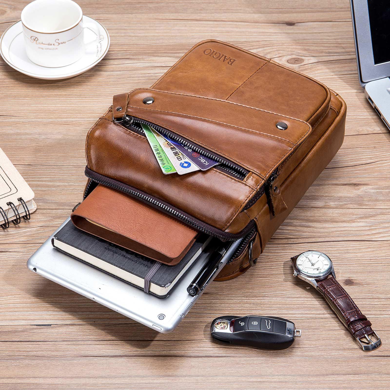 BAIGIO Umhängetaschen Herren Leder Schultertasche für Männer Herrentasche zum Umhängen Handtaschen Crossbody Bag Ledertasche für Arbeit Büro Alltag