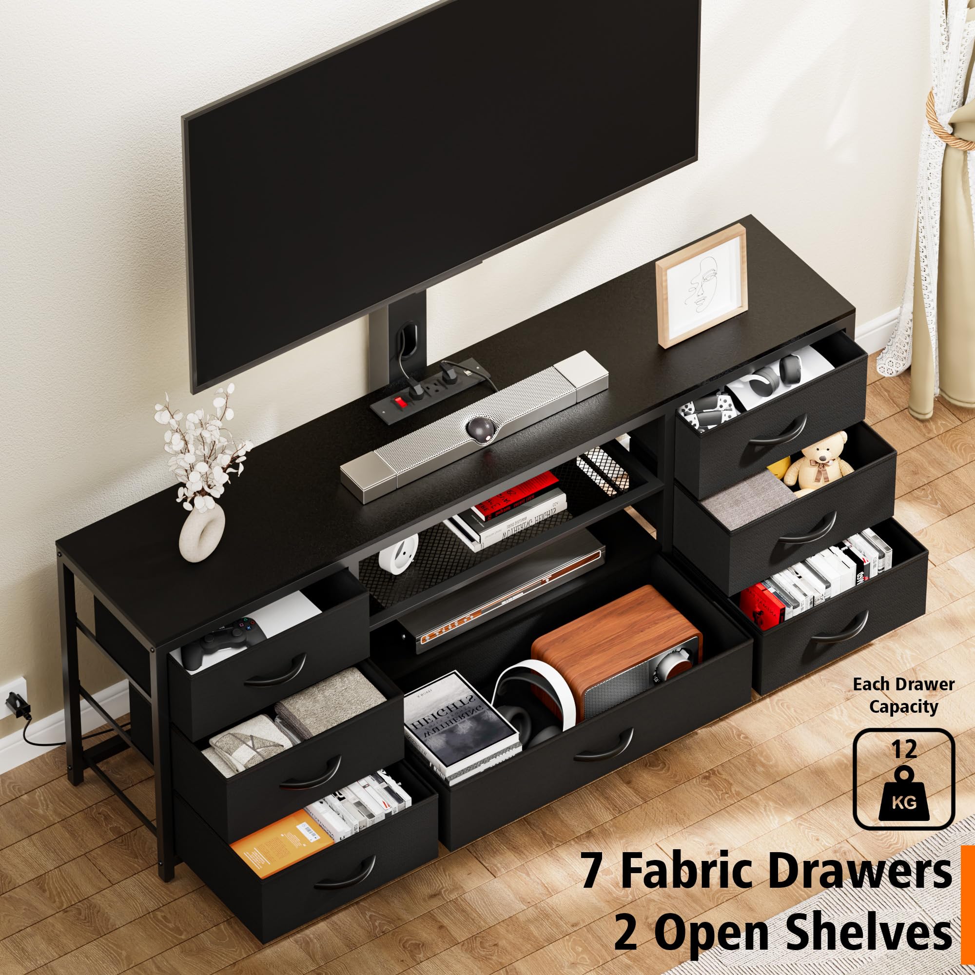 TV Stand with Mount and 7 Fabric Drawers, Led Entertainment Center with Power Outlets for 32 45 55 60 65 70 inch TVs, Black Dresser with Open Shelves, Media Console Cabinet for Living Room Bedroom