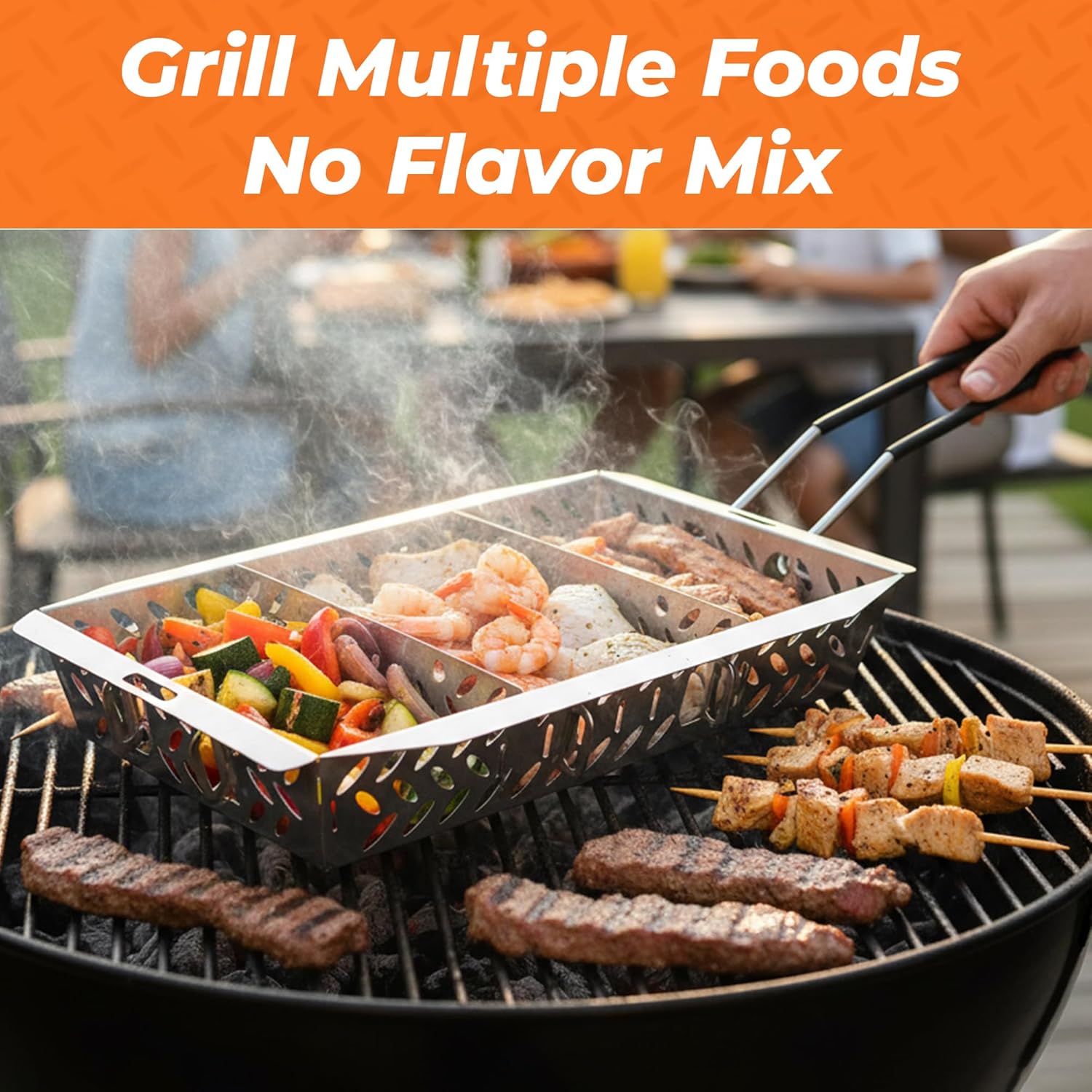 Proud Grill UltraVersatile Stainless Steel Grill Basket - Large Vegetables, Meat & Fish Pan for Outdoor BBQ Grilling, Griddle Basket with Detachable Handle & Movable Dividers, Barbecue Accessories
